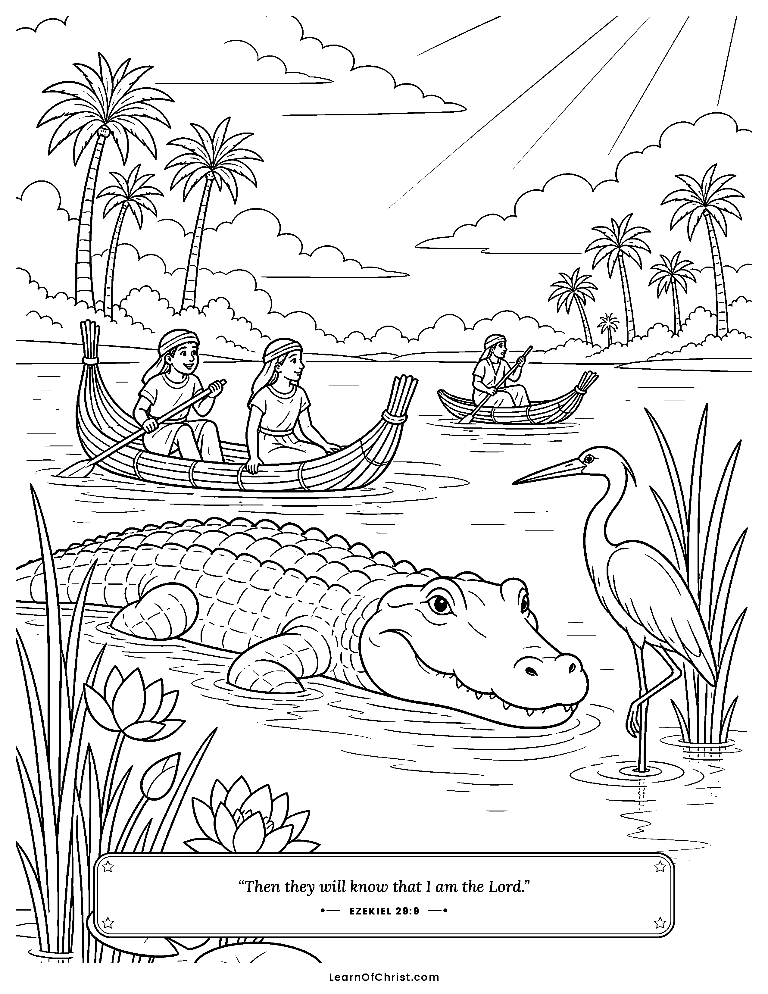 Ezekiel 29 coloring page - A friendly crocodile in the Nile. Free printable Bible coloring sheet for kids.