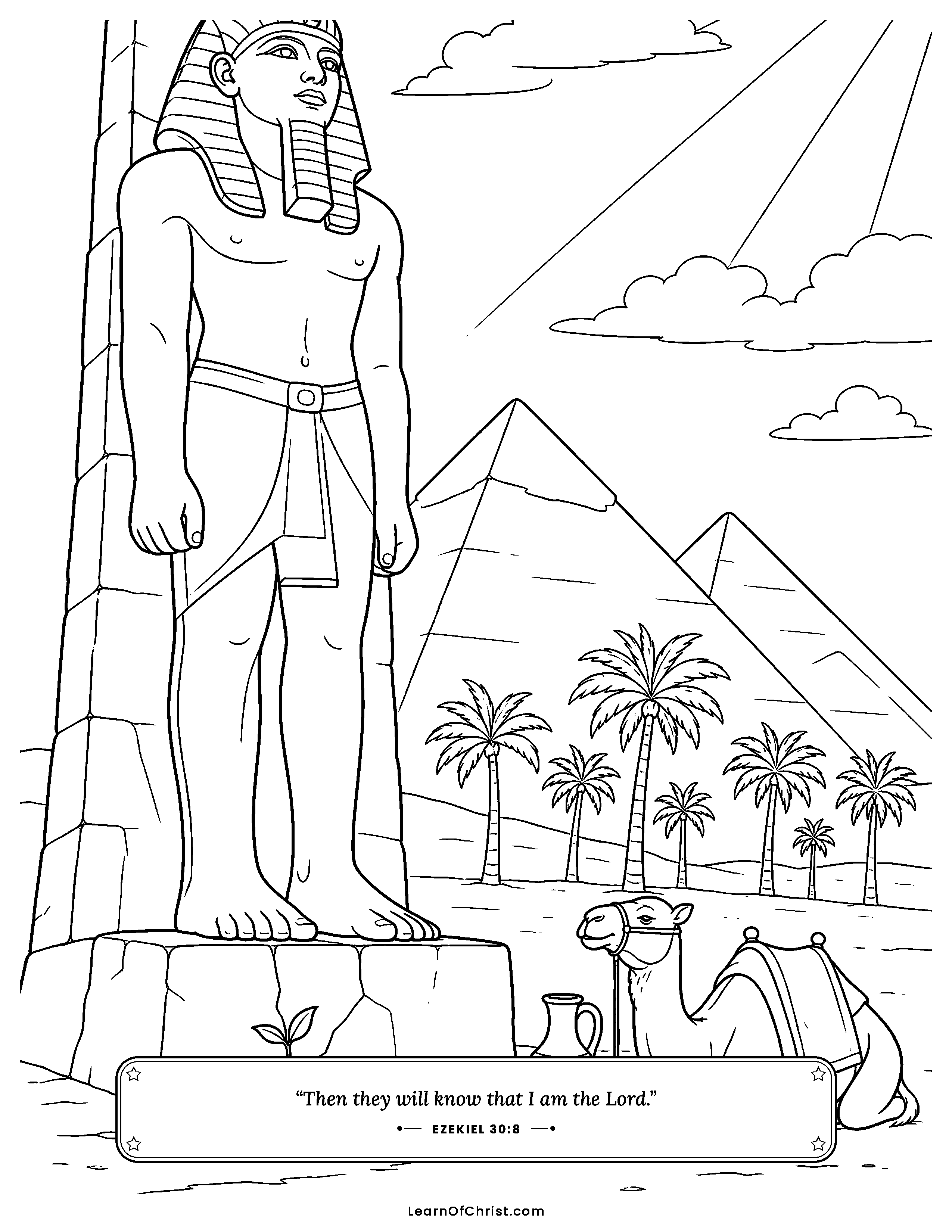 Ezekiel 30 coloring page - A green sprout by an old statue. Free printable Bible coloring sheet for kids.