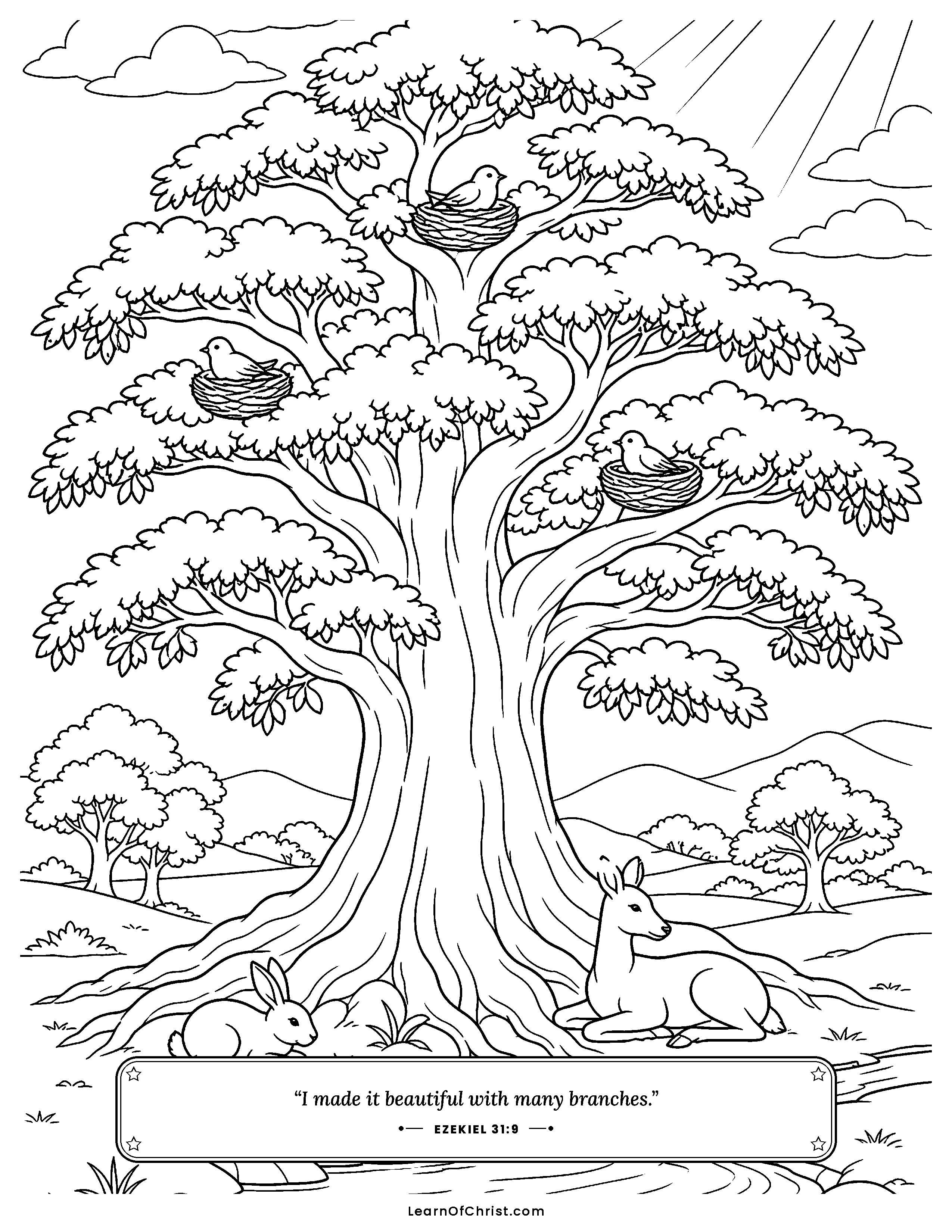 Ezekiel 31 coloring page - The tallest cedar shelters birds and animals. Free printable Bible coloring sheet for kids.