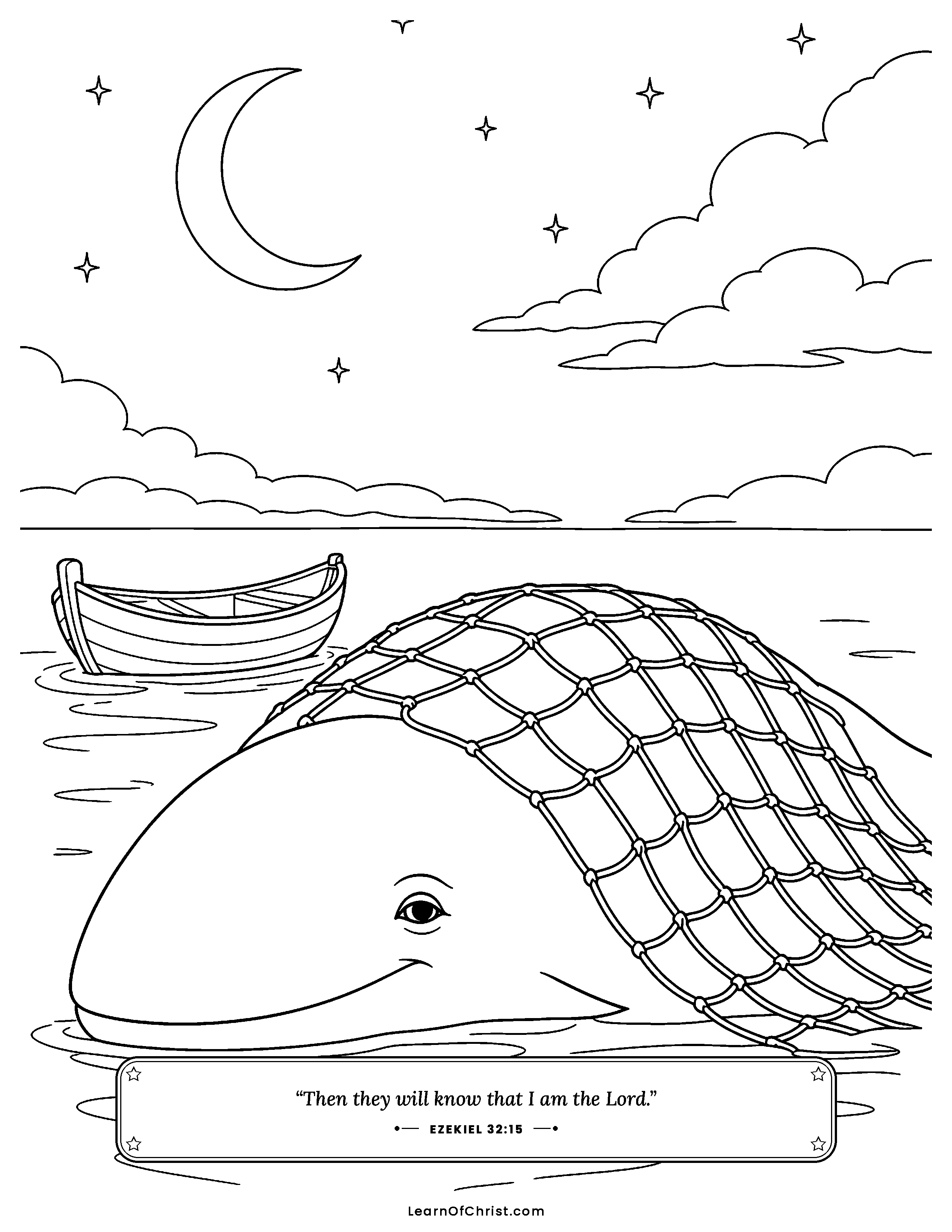 Ezekiel 32 coloring page - A great sea creature rests calmly. Free printable Bible coloring sheet for kids.