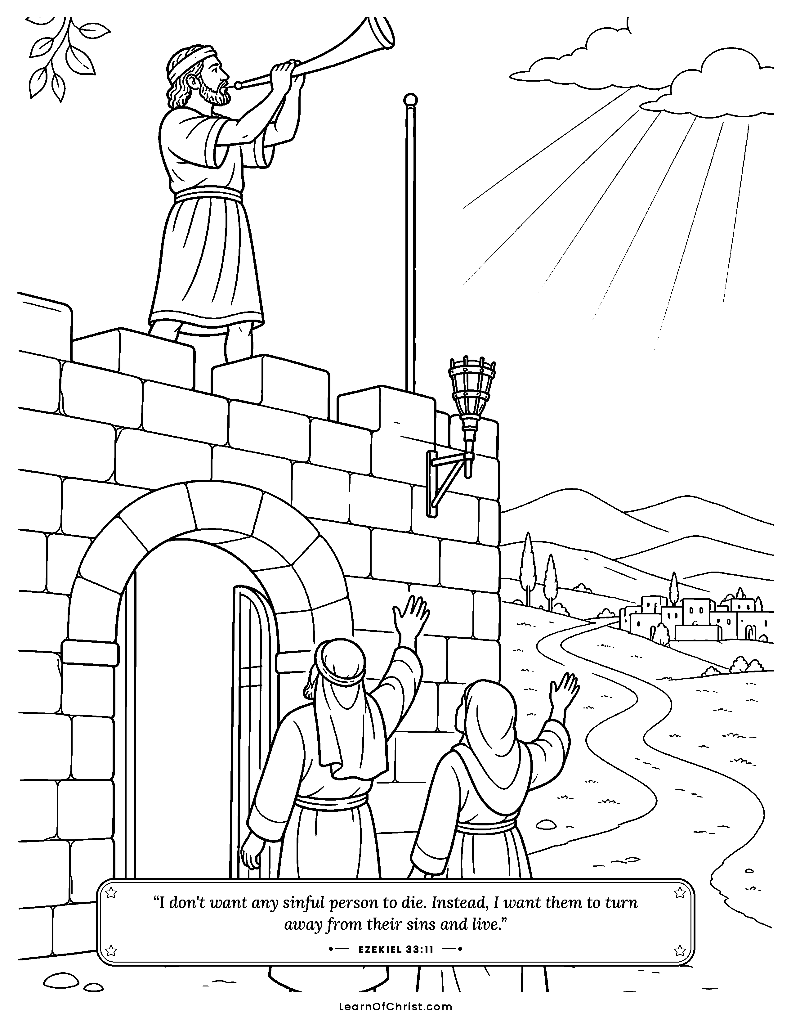Ezekiel 33 coloring page - The watchman blows his warning trumpet. Free printable Bible coloring sheet for kids.