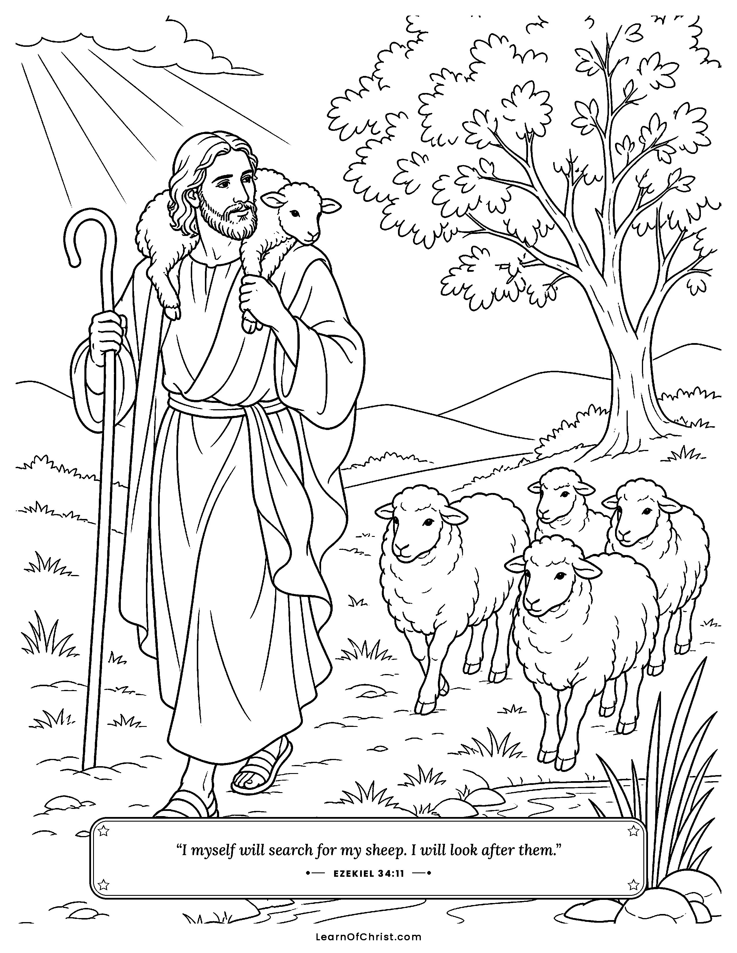Ezekiel 34 coloring page - The good shepherd carries a lost lamb. Free printable Bible coloring sheet for kids.