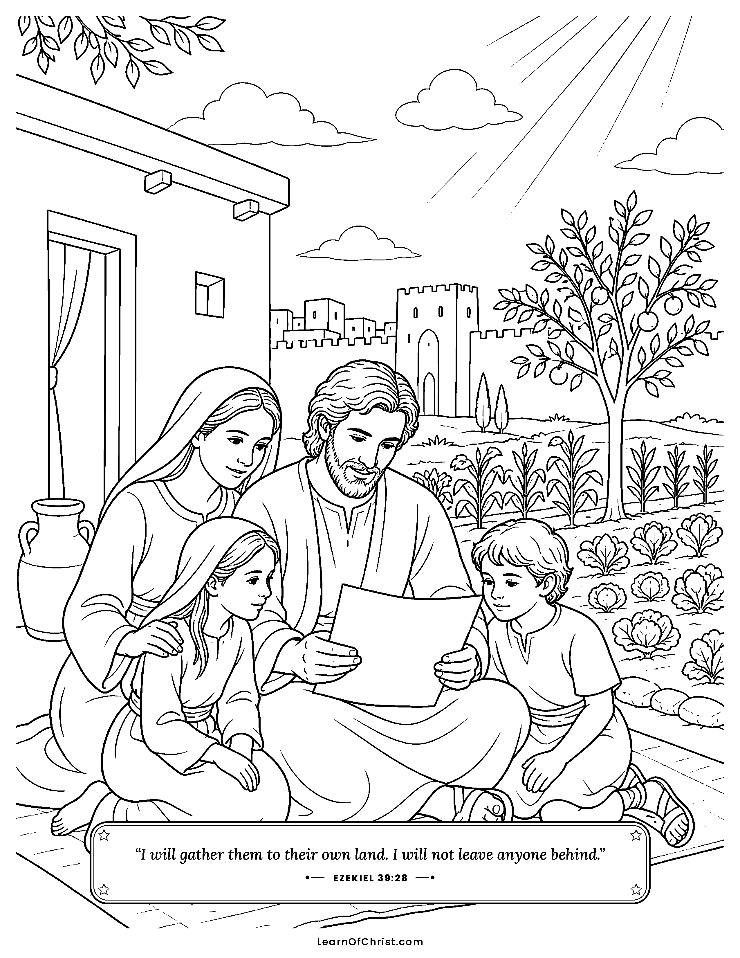 Ezekiel 39 coloring page - God gathers His people back home. Free printable Bible coloring sheet for kids.