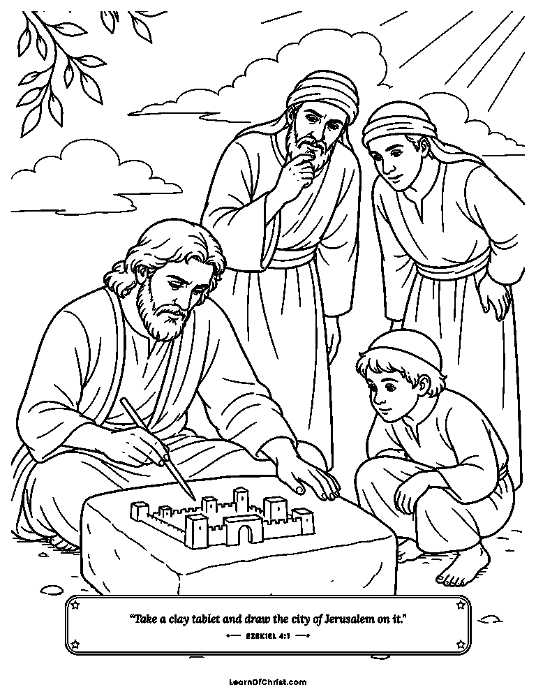 Ezekiel 4 coloring page - A little city drawn on a clay brick