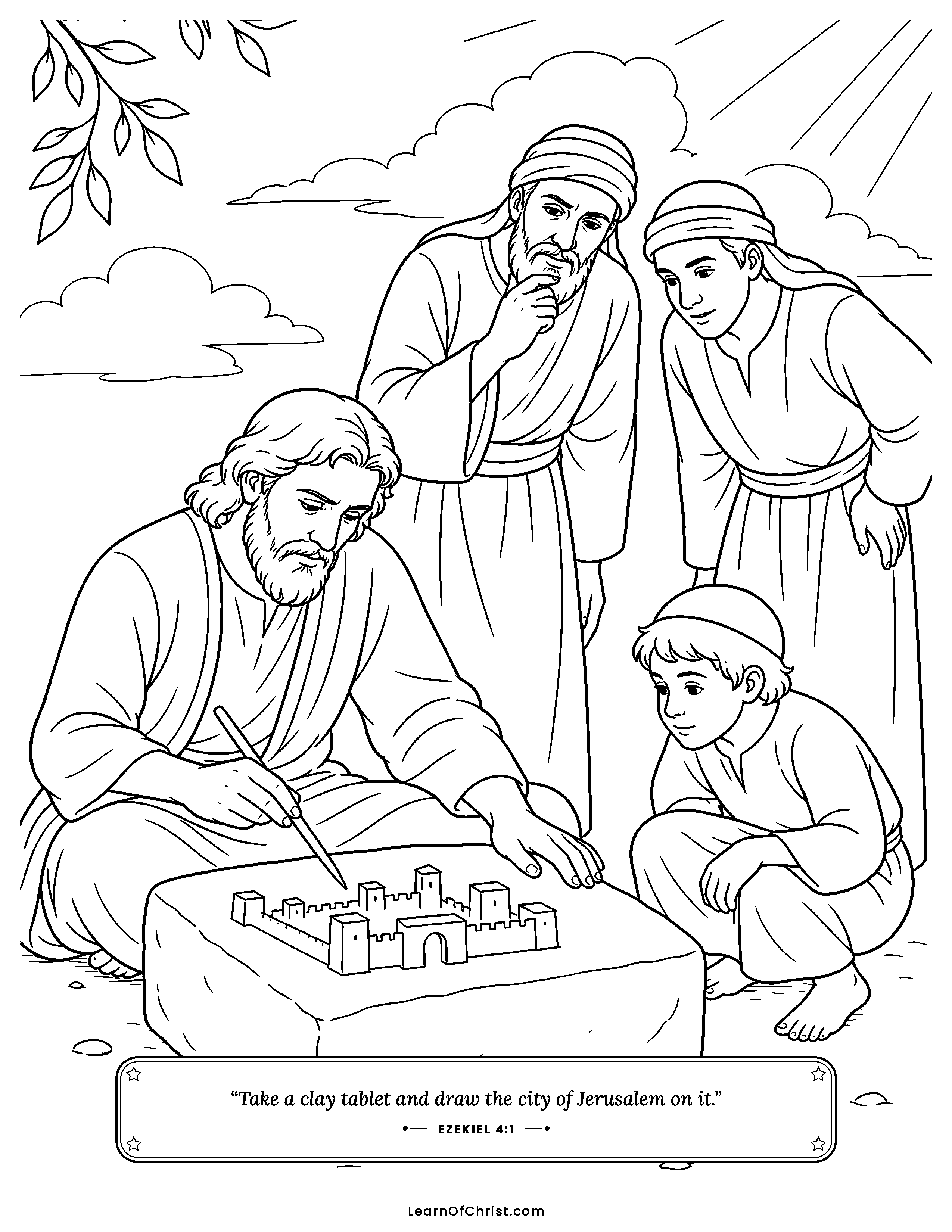 Ezekiel 4 coloring page - A little city drawn on a clay brick. Free printable Bible coloring sheet for kids.