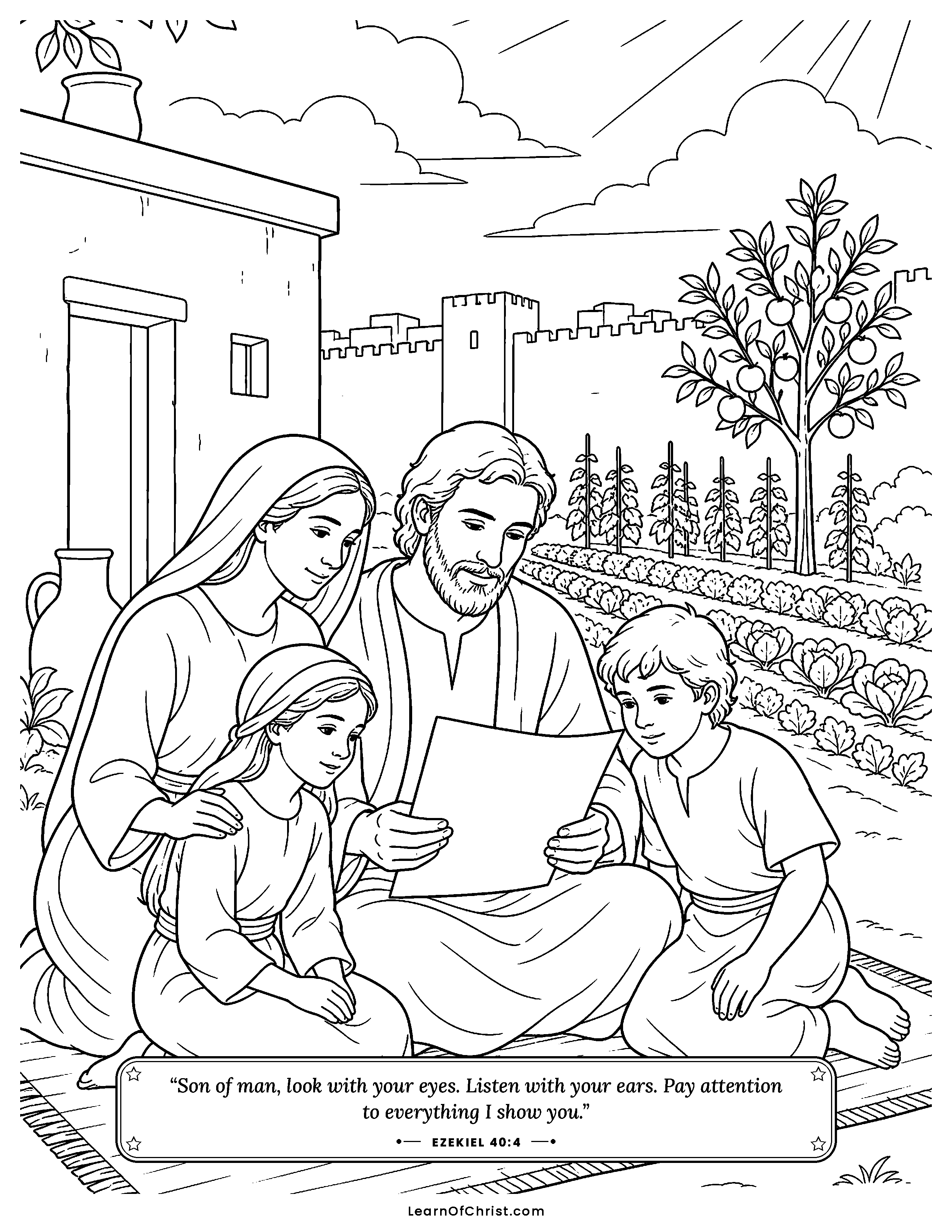 Ezekiel 40 coloring page - A shining man measures the temple gate. Free printable Bible coloring sheet for kids.