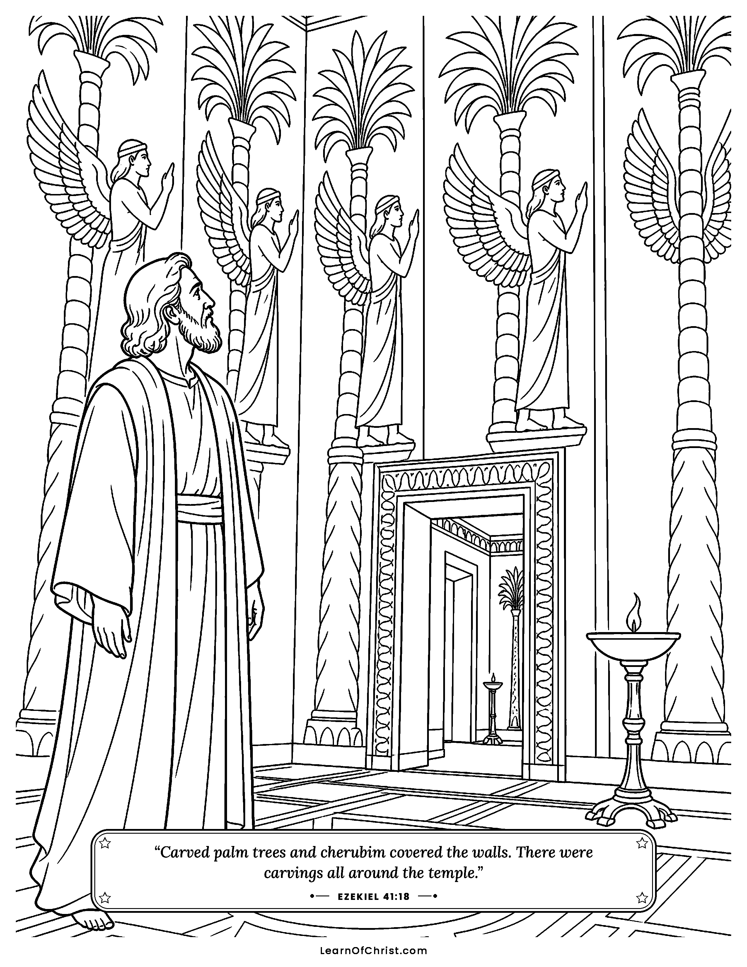Ezekiel 41 coloring page - Carved palm trees cover the walls. Free printable Bible coloring sheet for kids.