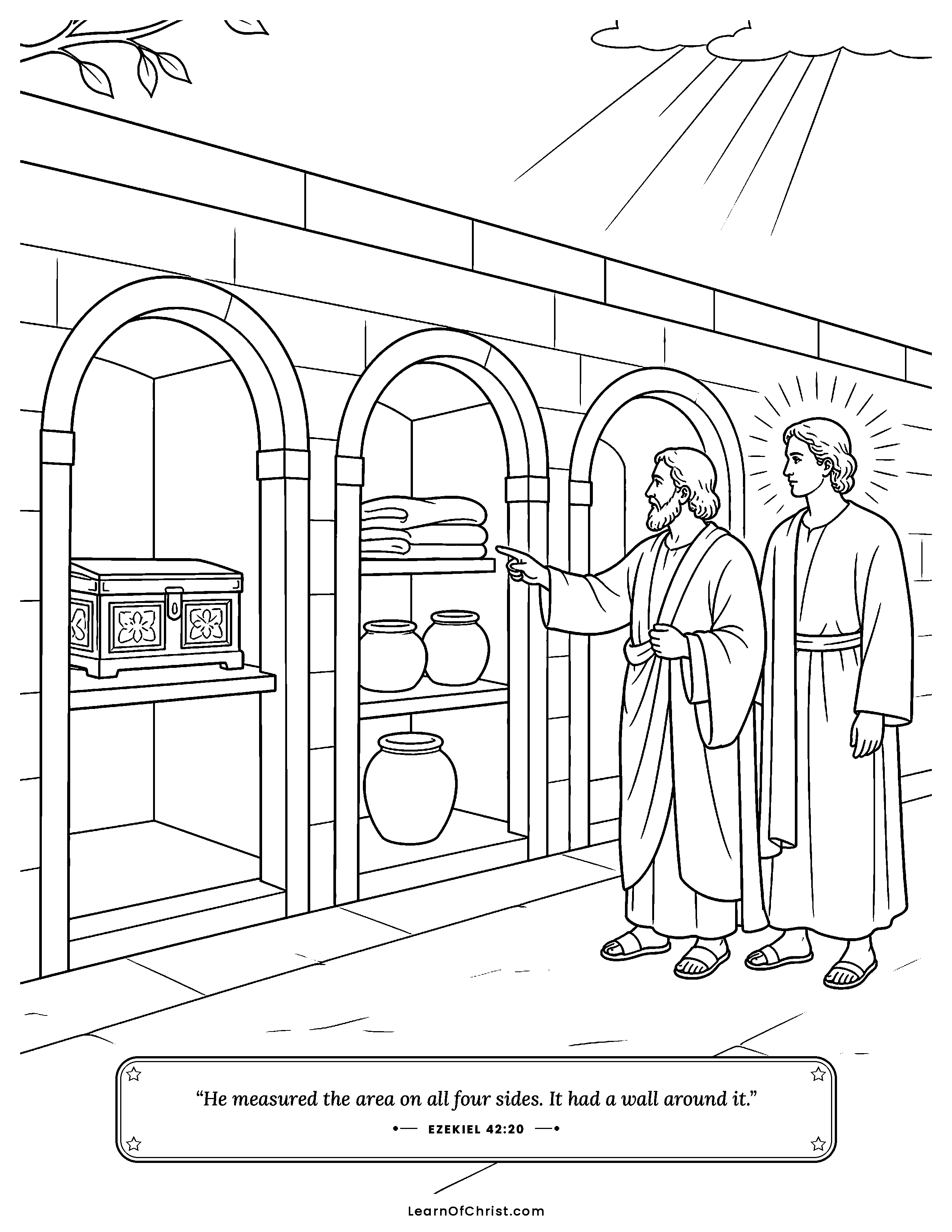 Ezekiel 42 coloring page - Special rooms kept just for God. Free printable Bible coloring sheet for kids.