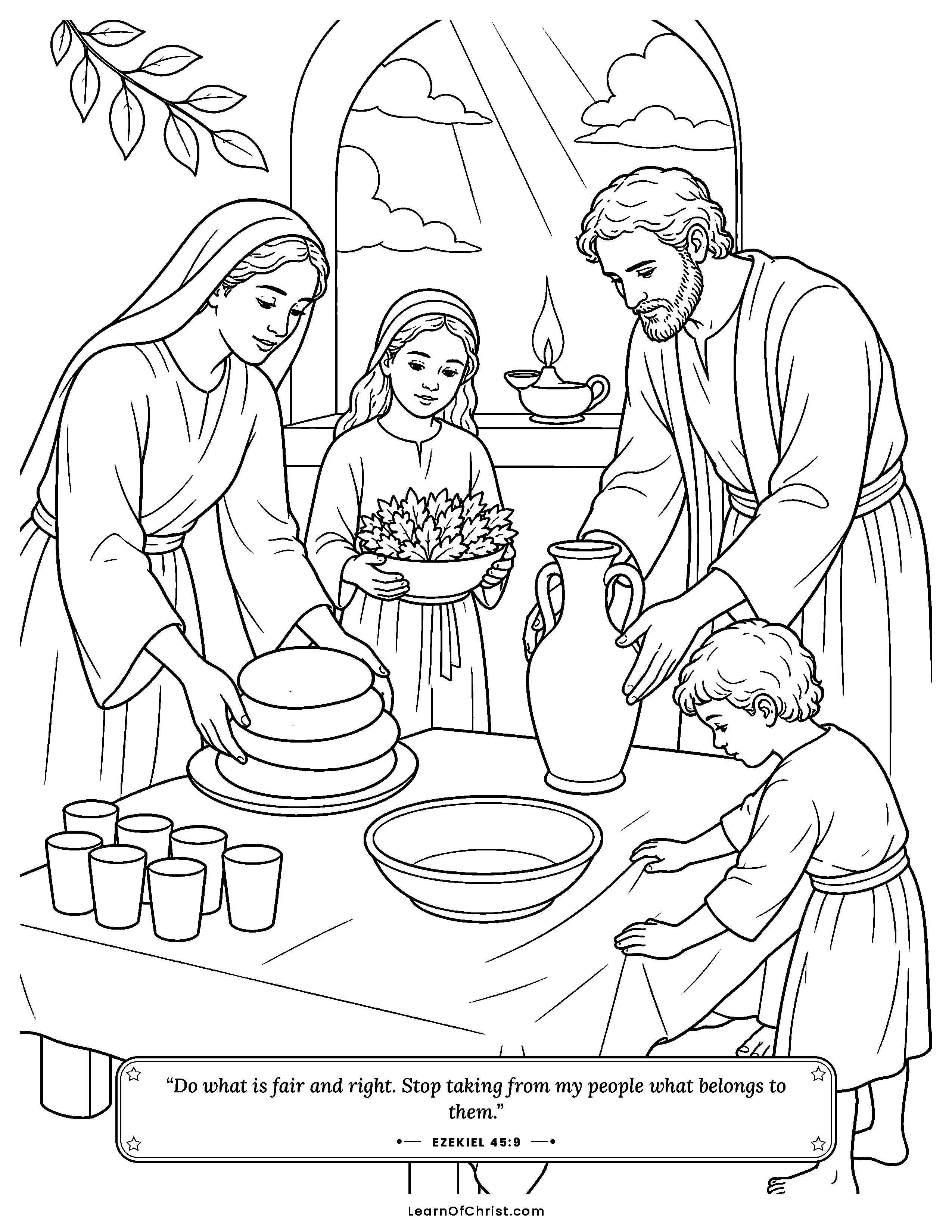 Ezekiel 45 coloring page - Setting the table for the feast. Free printable Bible coloring sheet for kids.