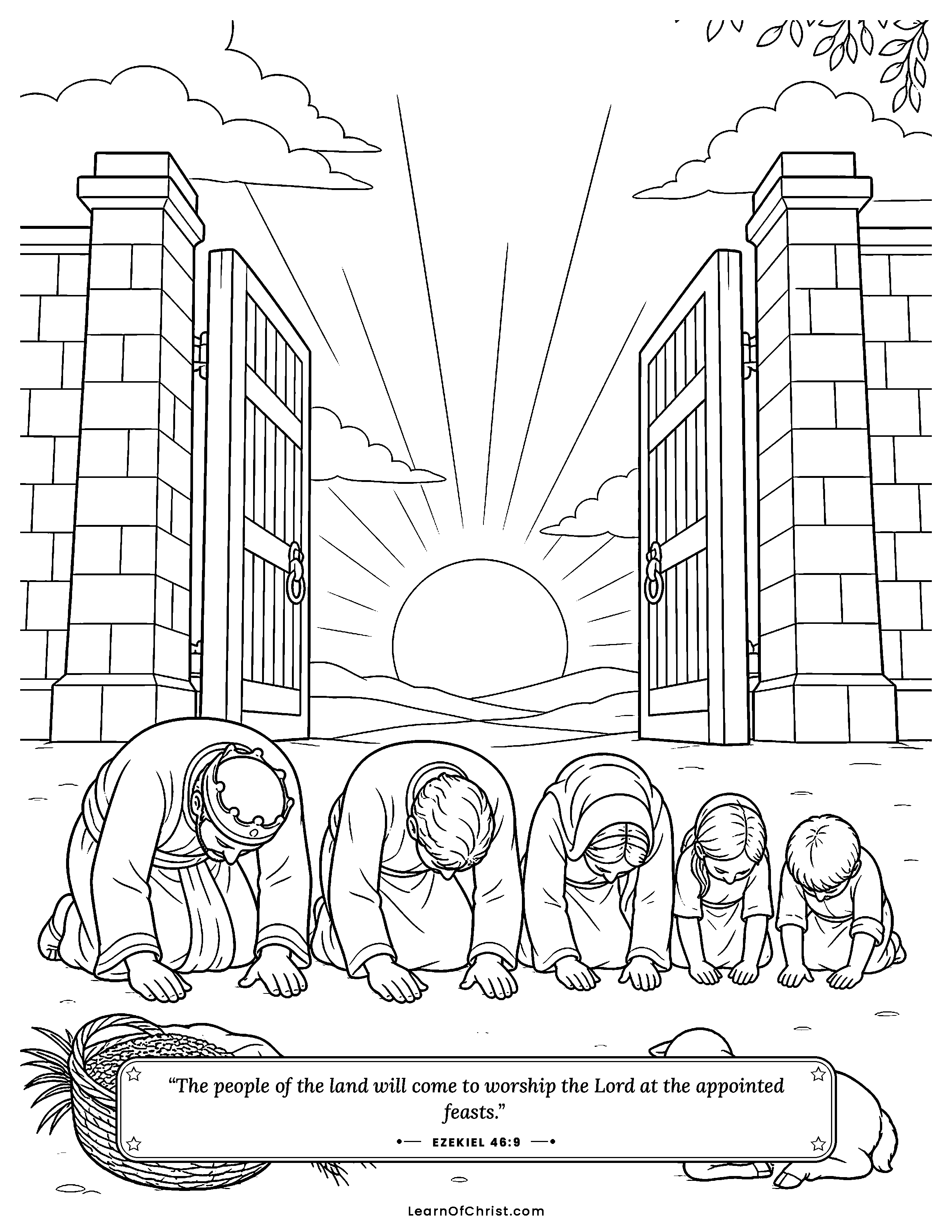 Ezekiel 46 coloring page - Everyone worships together at sunrise. Free printable Bible coloring sheet for kids.