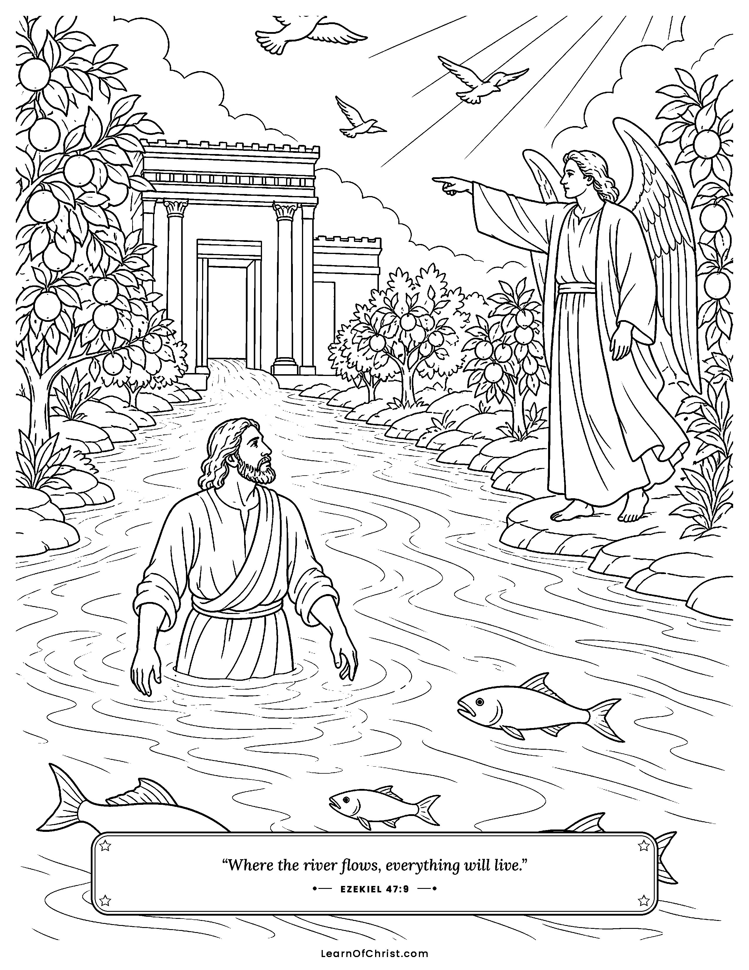 Ezekiel 47 coloring page - A river flows from God's house. Free printable Bible coloring sheet for kids.