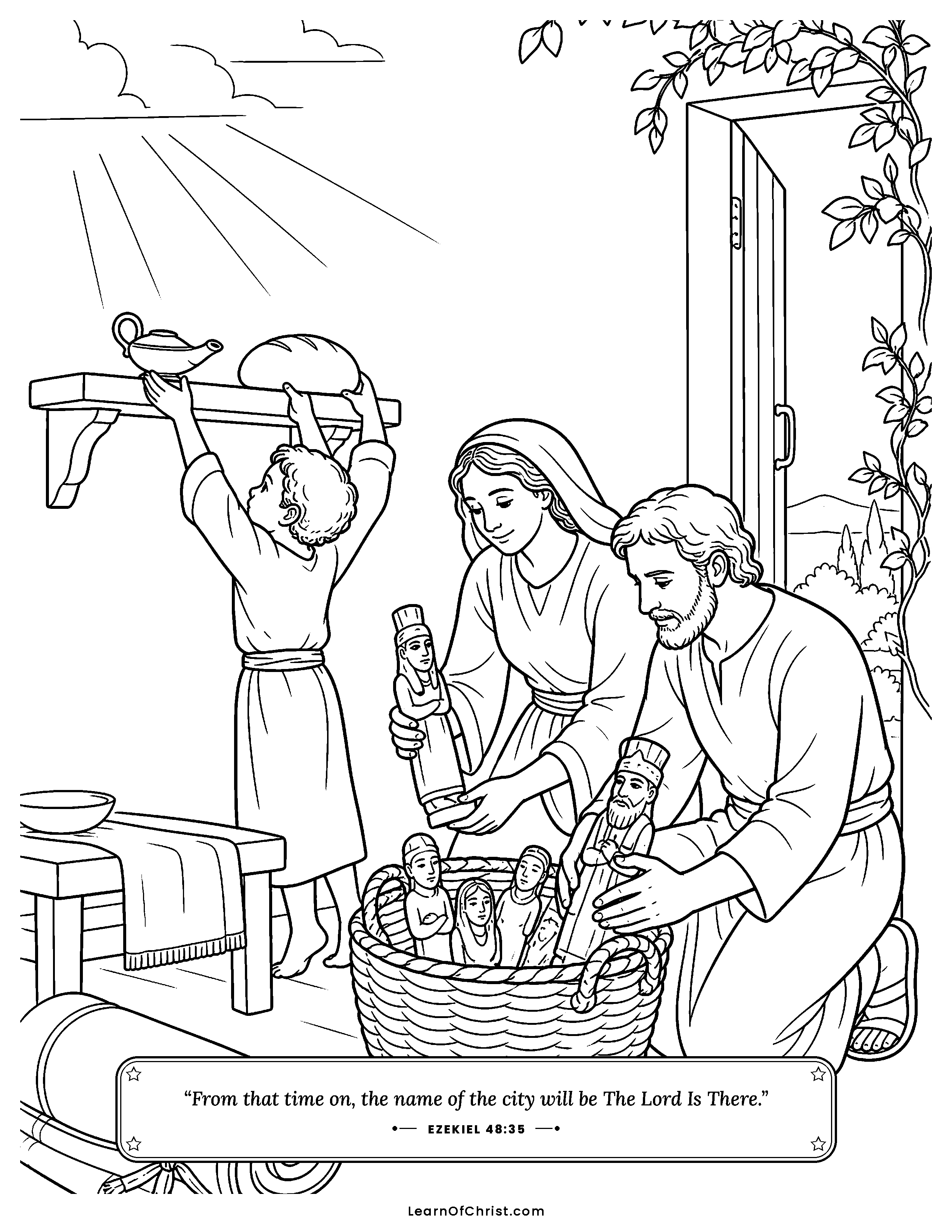 Ezekiel 48 coloring page - Each family's own doorway. Free printable Bible coloring sheet for kids.