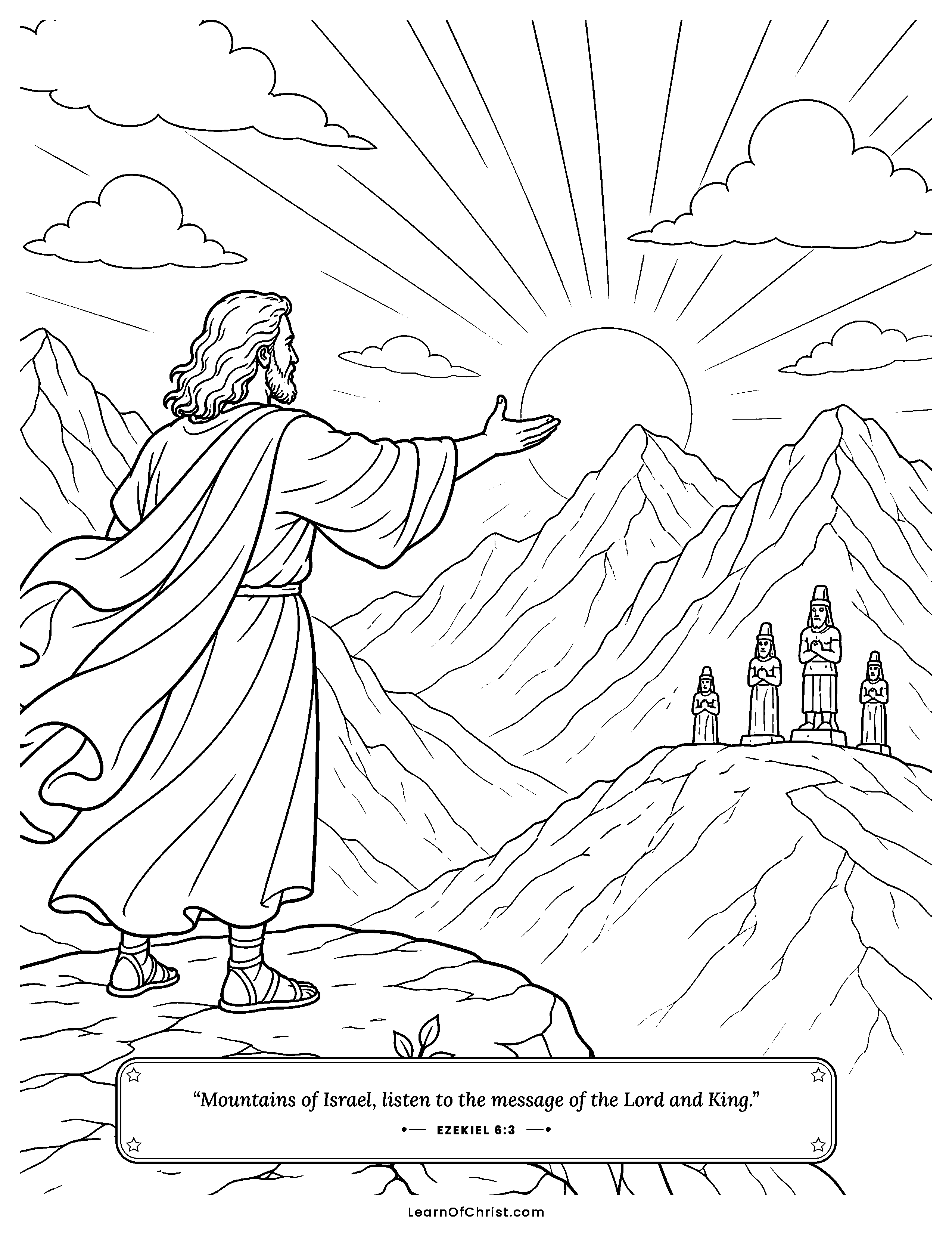 Ezekiel 6 coloring page - Ezekiel speaks to the mountains. Free printable Bible coloring sheet for kids.