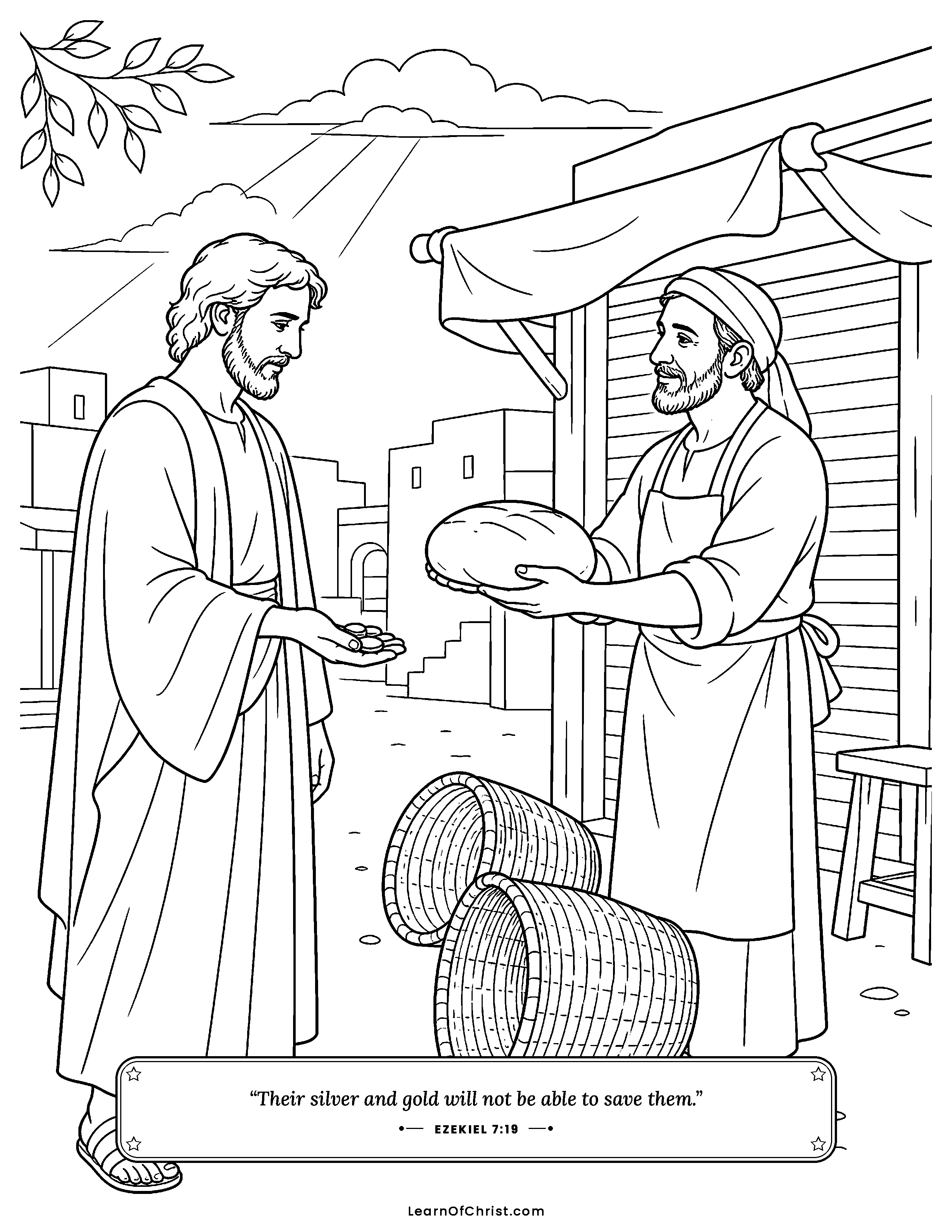 Ezekiel 7 coloring page - Silver that cannot buy bread. Free printable Bible coloring sheet for kids.