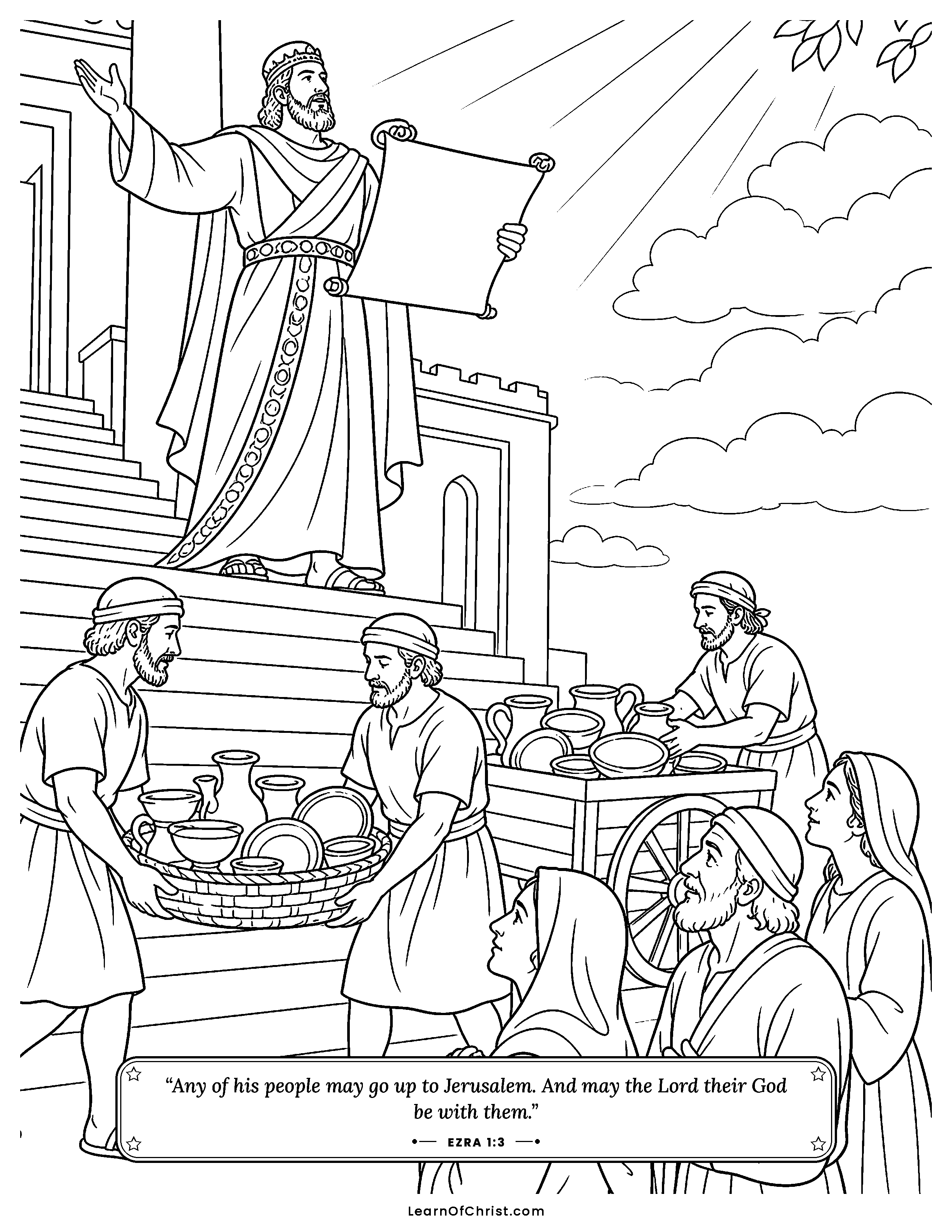 Ezra 1 coloring page - King Cyrus sends the people home. Free printable Bible coloring sheet for kids.