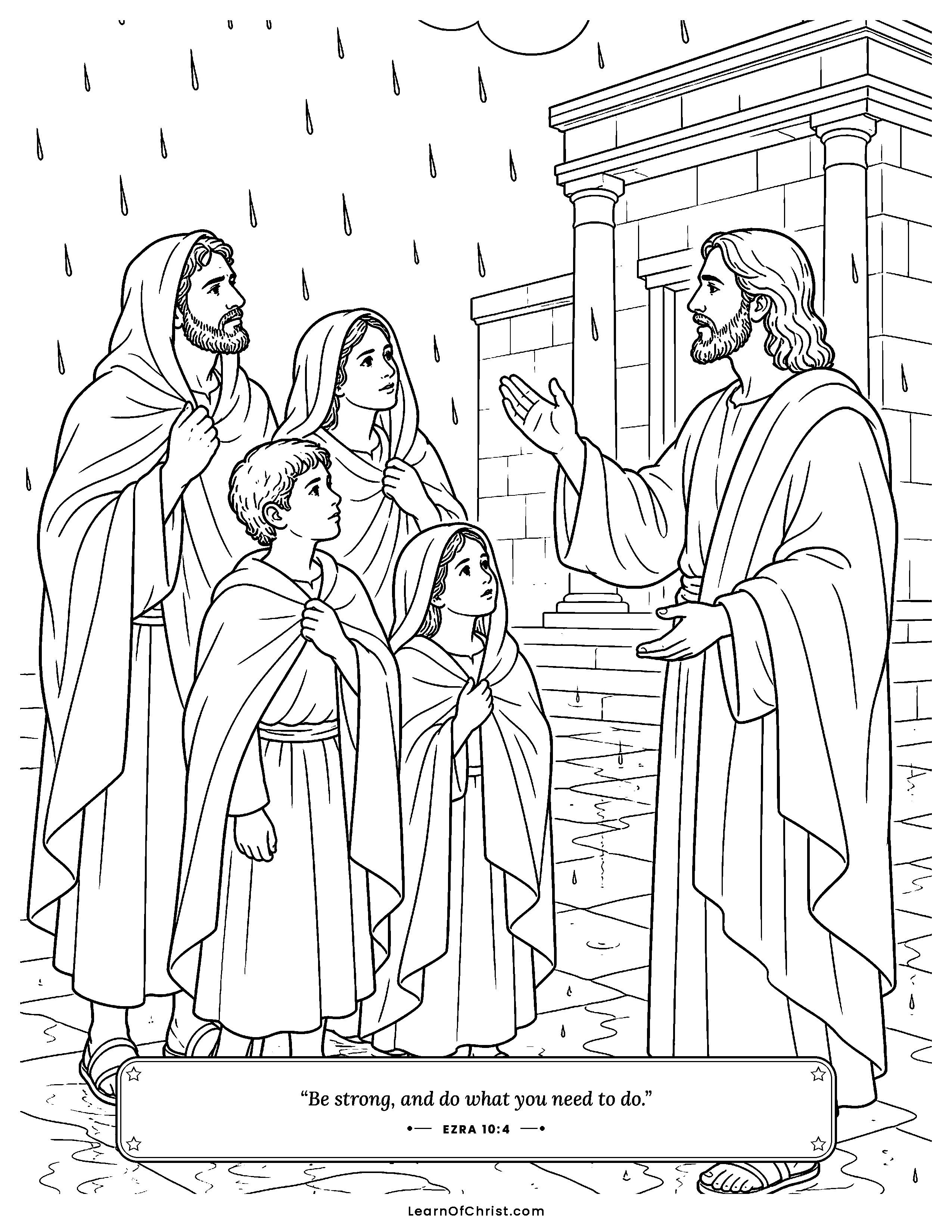 Ezra 10 coloring page - The people promise together in the rain. Free printable Bible coloring sheet for kids.