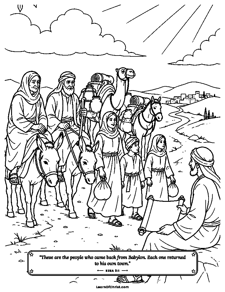 Ezra 2 coloring page - Families travel home in a long caravan
