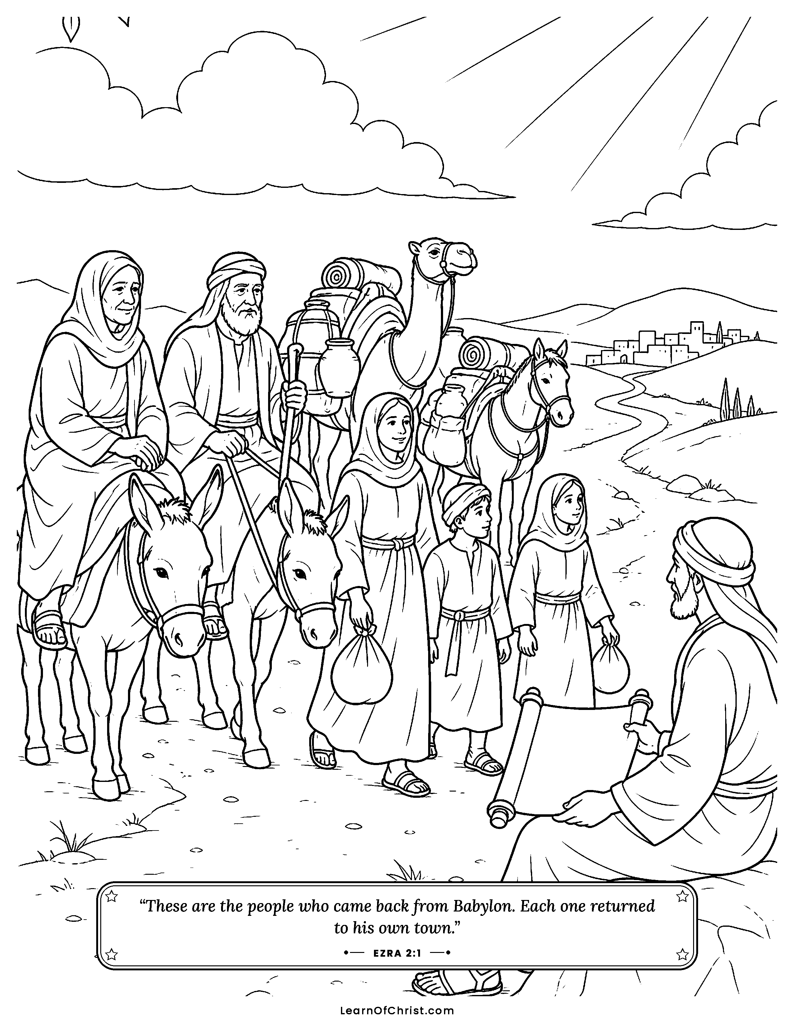 Ezra 2 coloring page - Families travel home in a long caravan. Free printable Bible coloring sheet for kids.