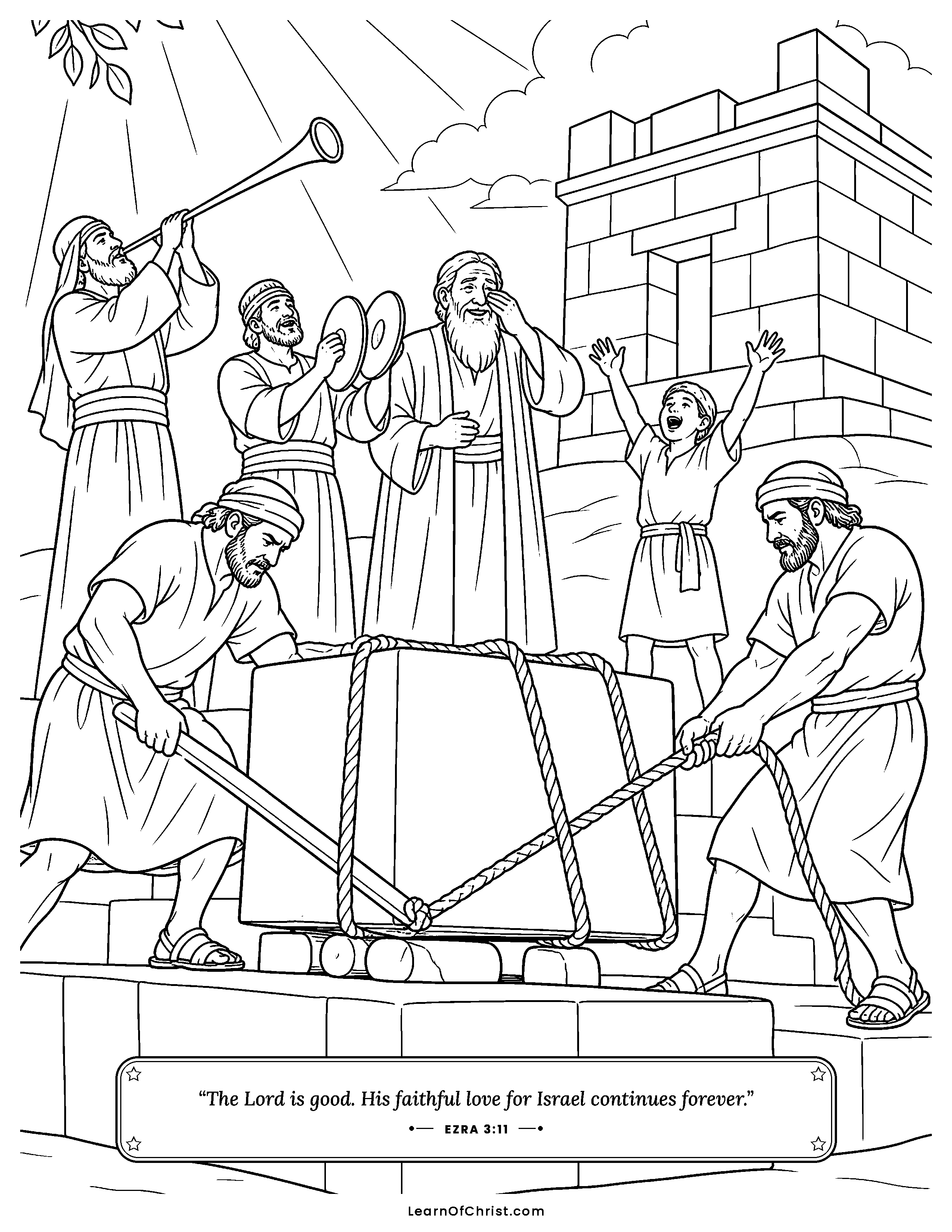 Ezra 3 coloring page - The temple foundation is finished. Free printable Bible coloring sheet for kids.