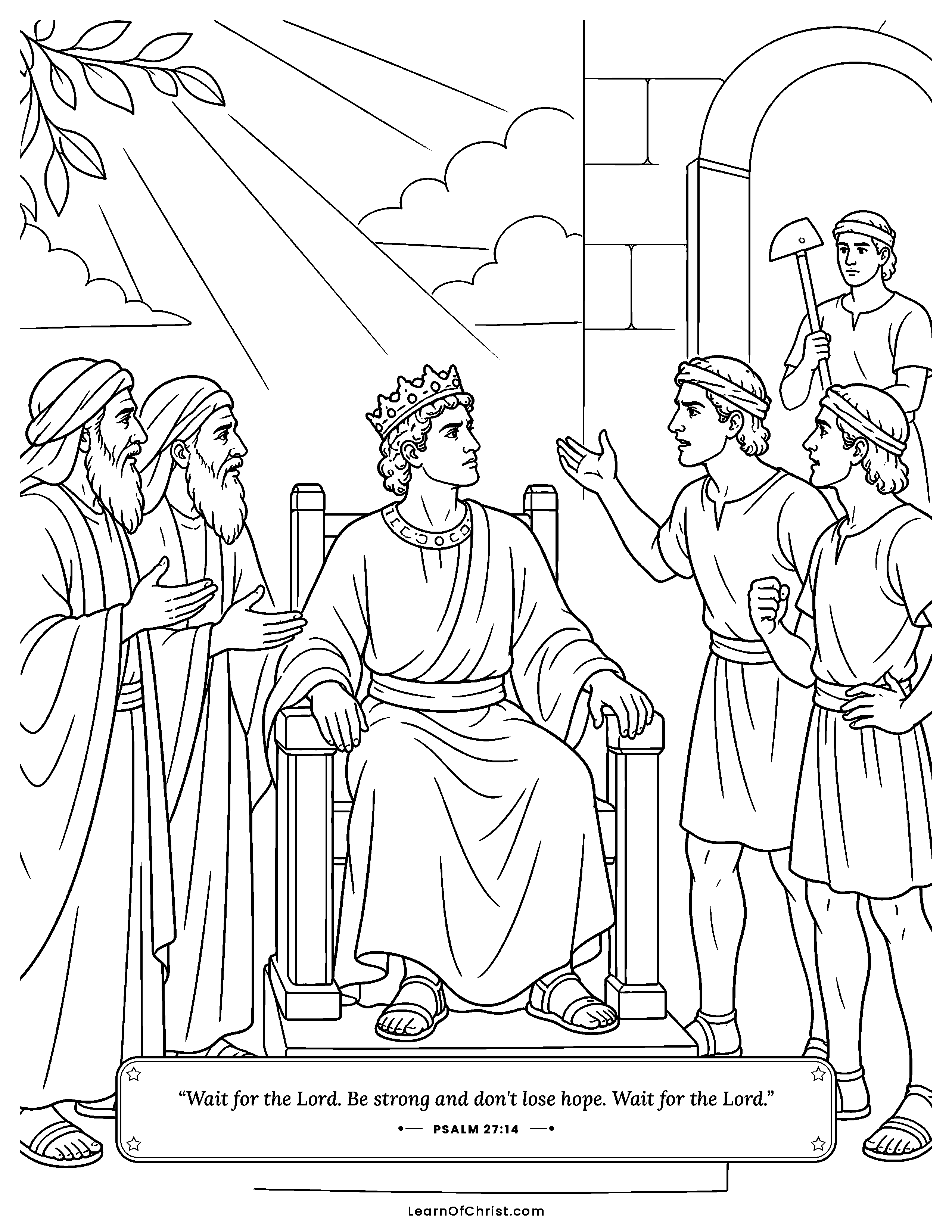 Ezra 4 coloring page - The builders set down their tools. Free printable Bible coloring sheet for kids.