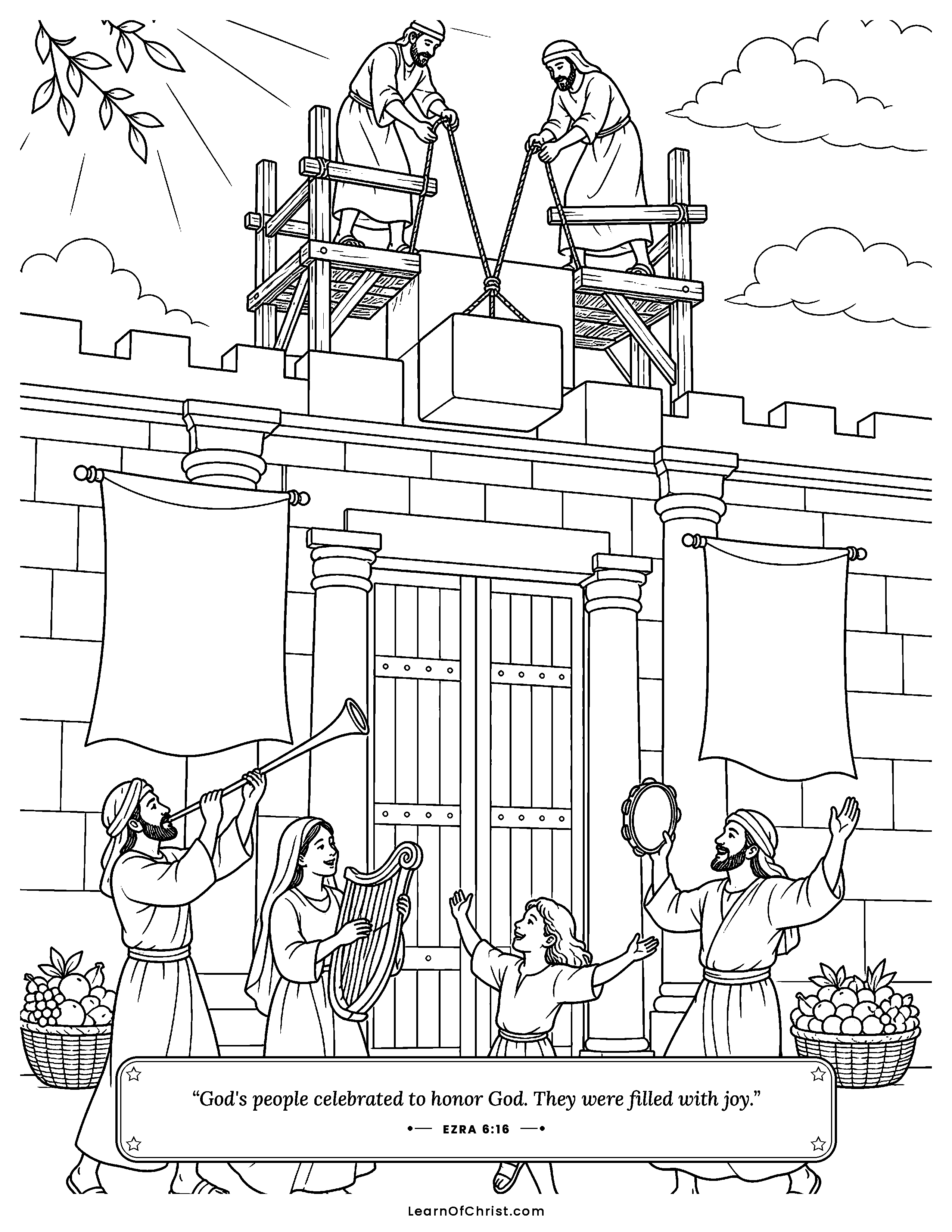 Ezra 6 coloring page - The temple is finished at last. Free printable Bible coloring sheet for kids.