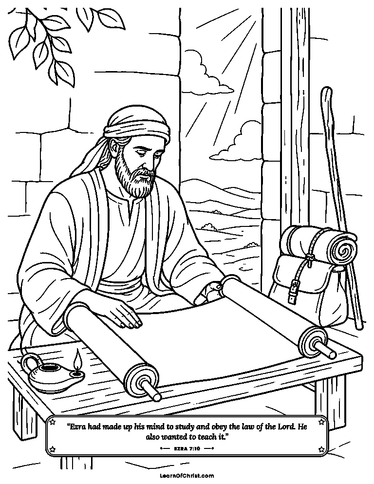 Ezra studies the scroll before his journey