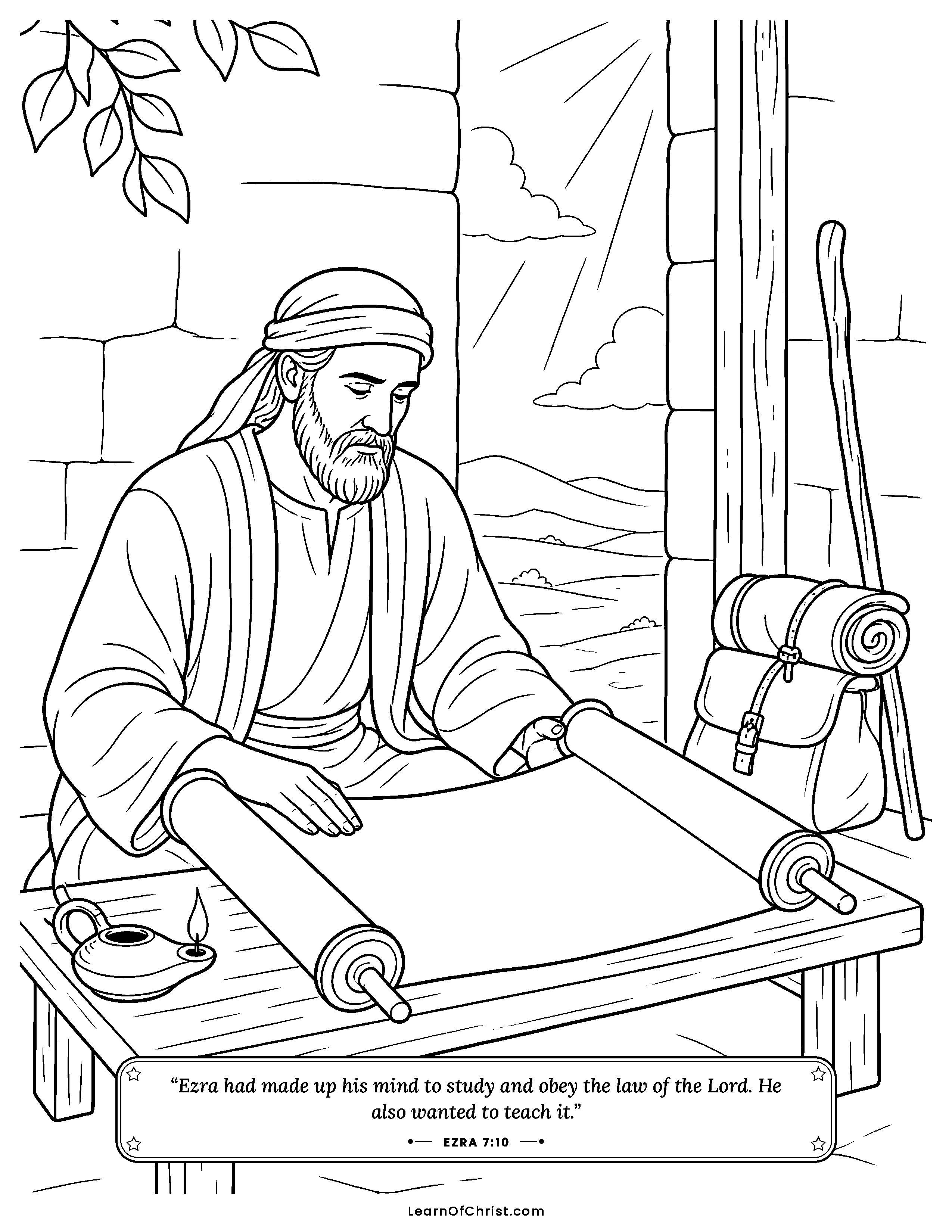 Ezra 7 coloring page - Ezra studies the scroll before his journey. Free printable Bible coloring sheet for kids.