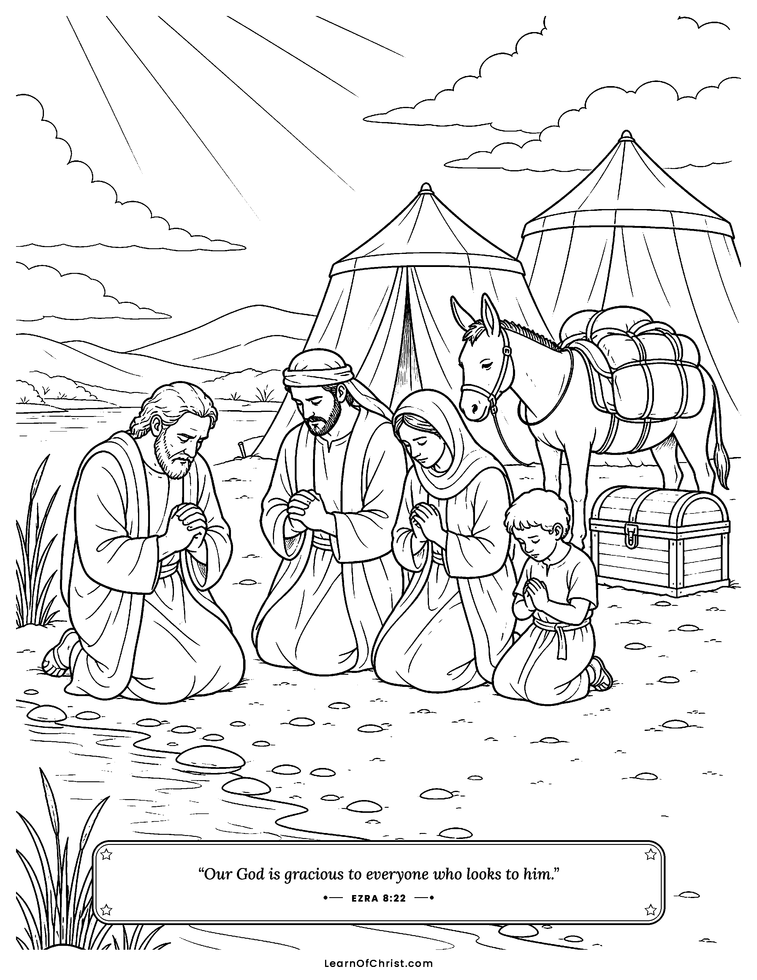 Ezra 8 coloring page - Praying by the river before the long road. Free printable Bible coloring sheet for kids.