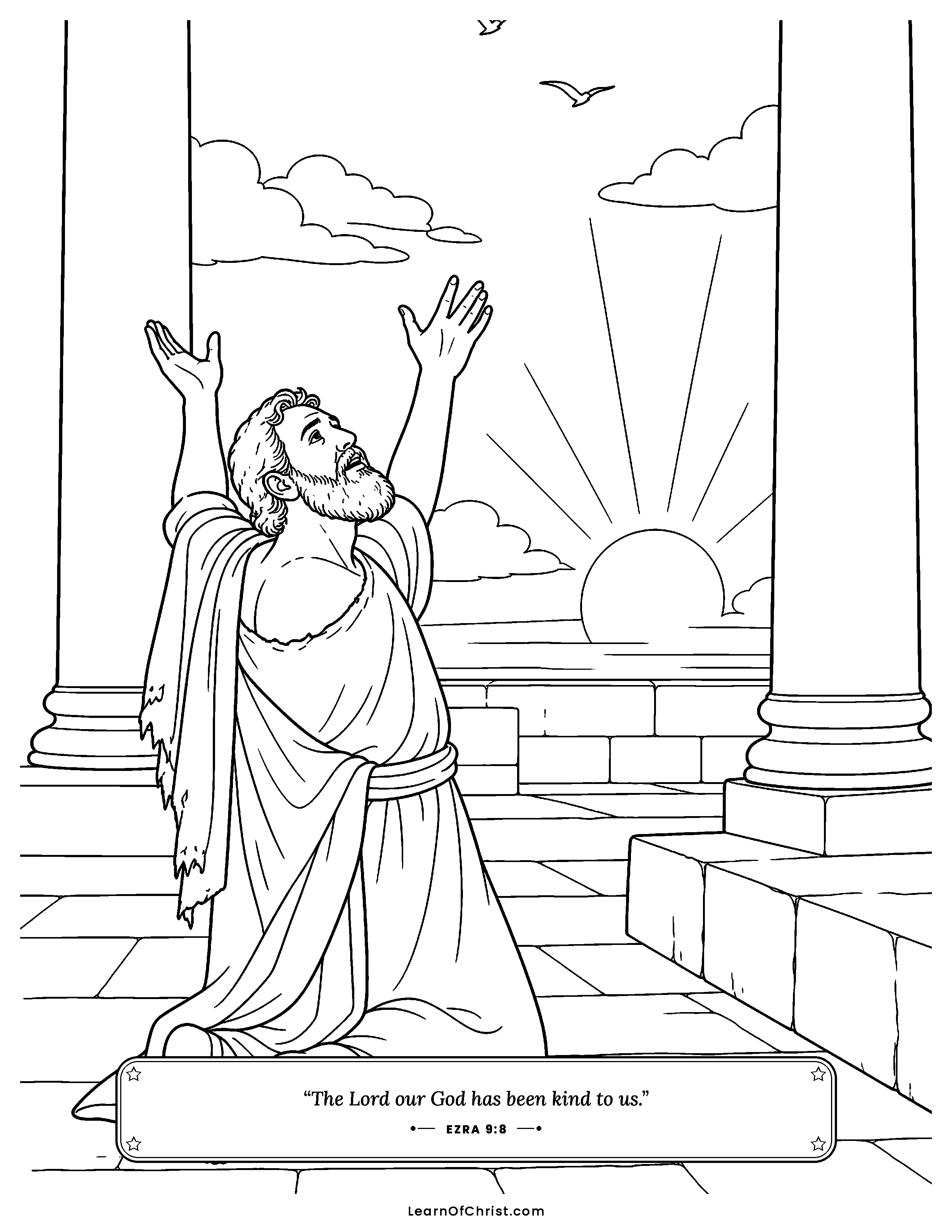 Ezra 9 coloring page - Ezra kneels with hands lifted in the evening. Free printable Bible coloring sheet for kids.