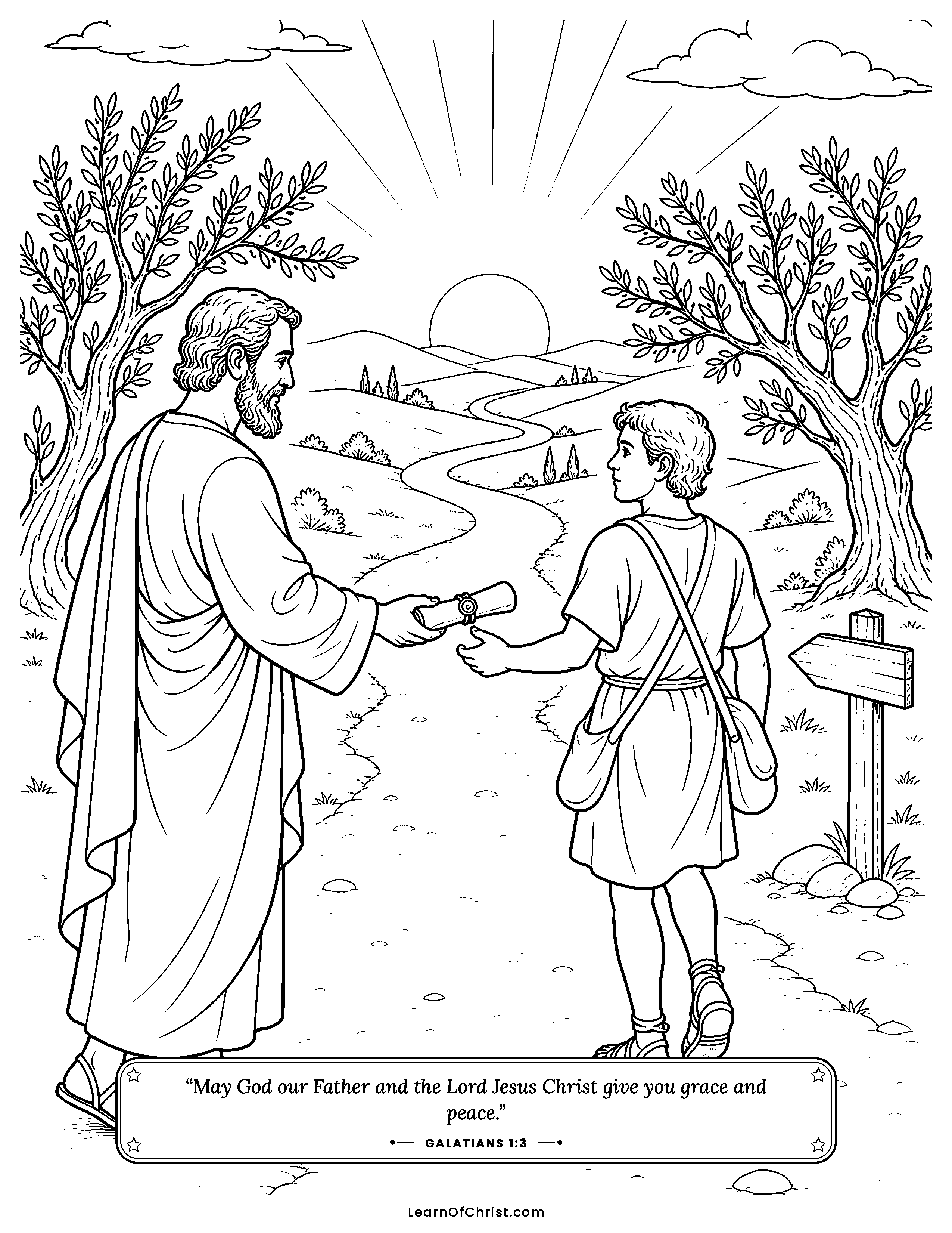 Galatians 1 coloring page - A letter with the one good news. Free printable Bible coloring sheet for kids.