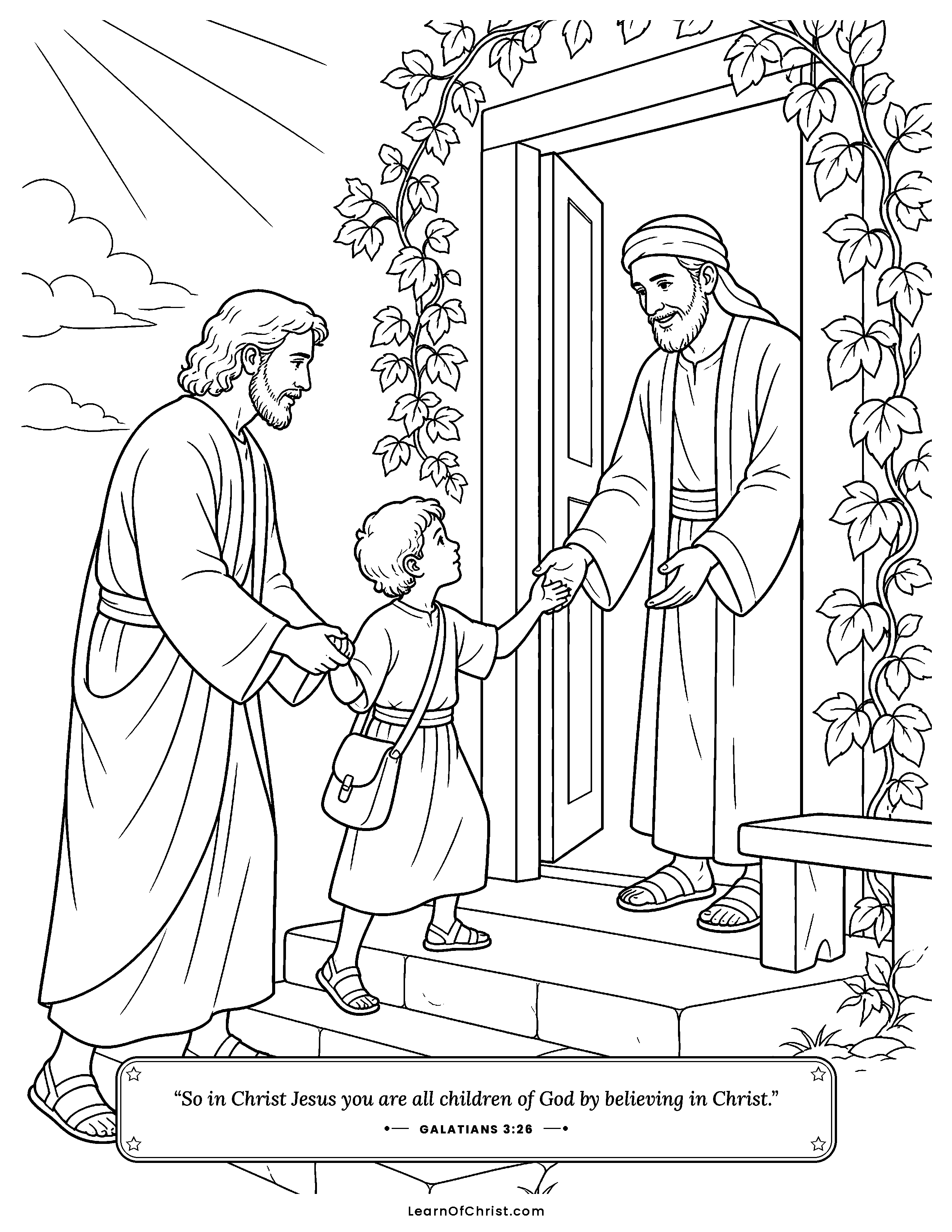 Galatians 3 coloring page - Walked to the teacher's door. Free printable Bible coloring sheet for kids.