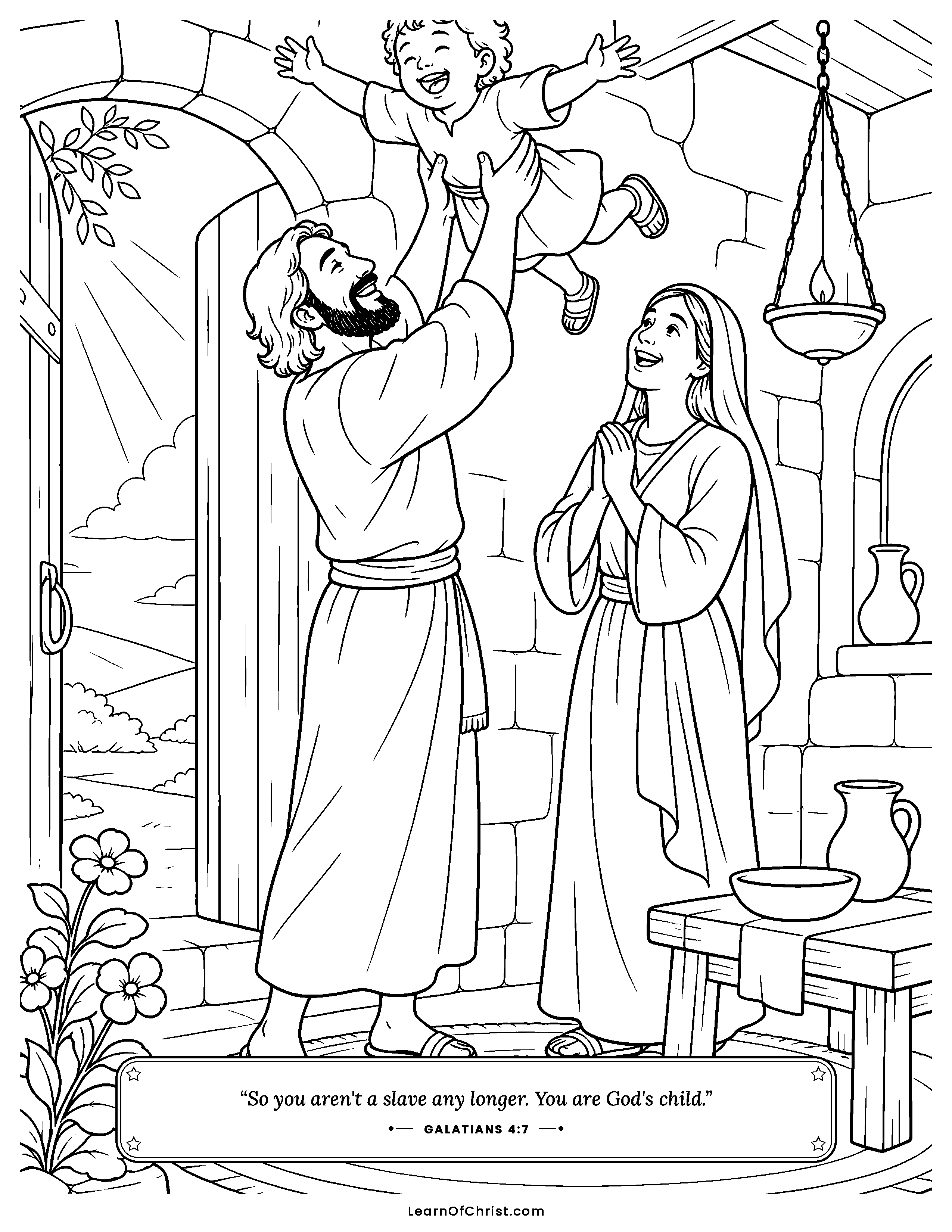 Galatians 4 coloring page - A child welcomed into the family. Free printable Bible coloring sheet for kids.