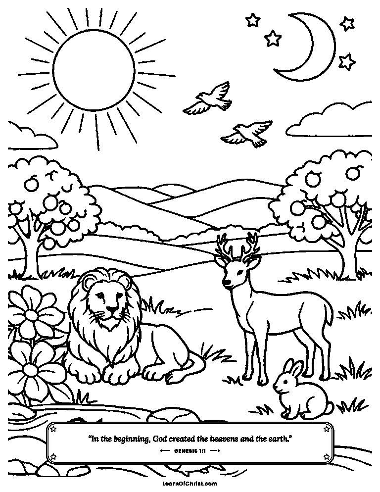 Genesis 1 coloring page - God fills the world in seven days