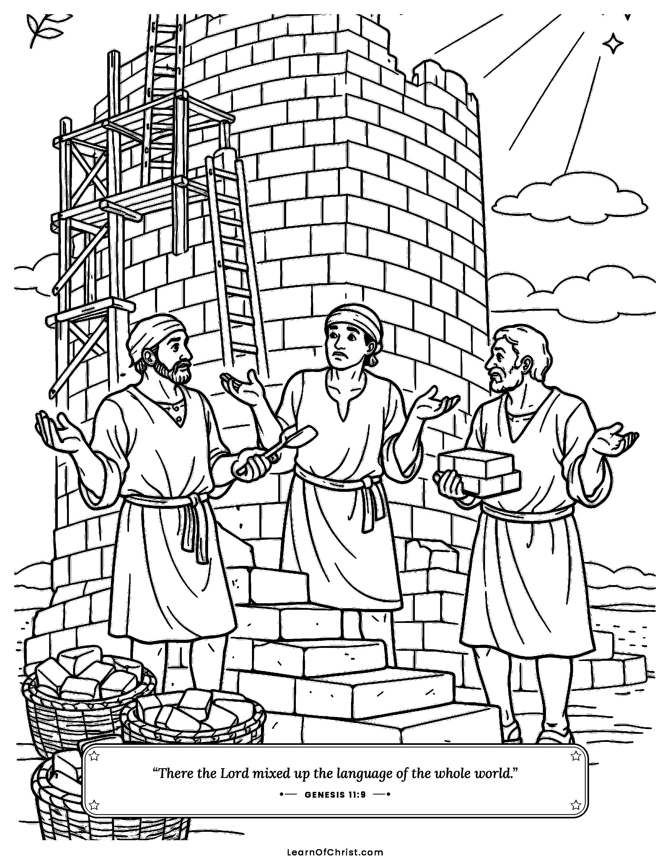 Genesis 11 coloring page - Builders stop work on the tall tower. Free printable Bible coloring sheet for kids.
