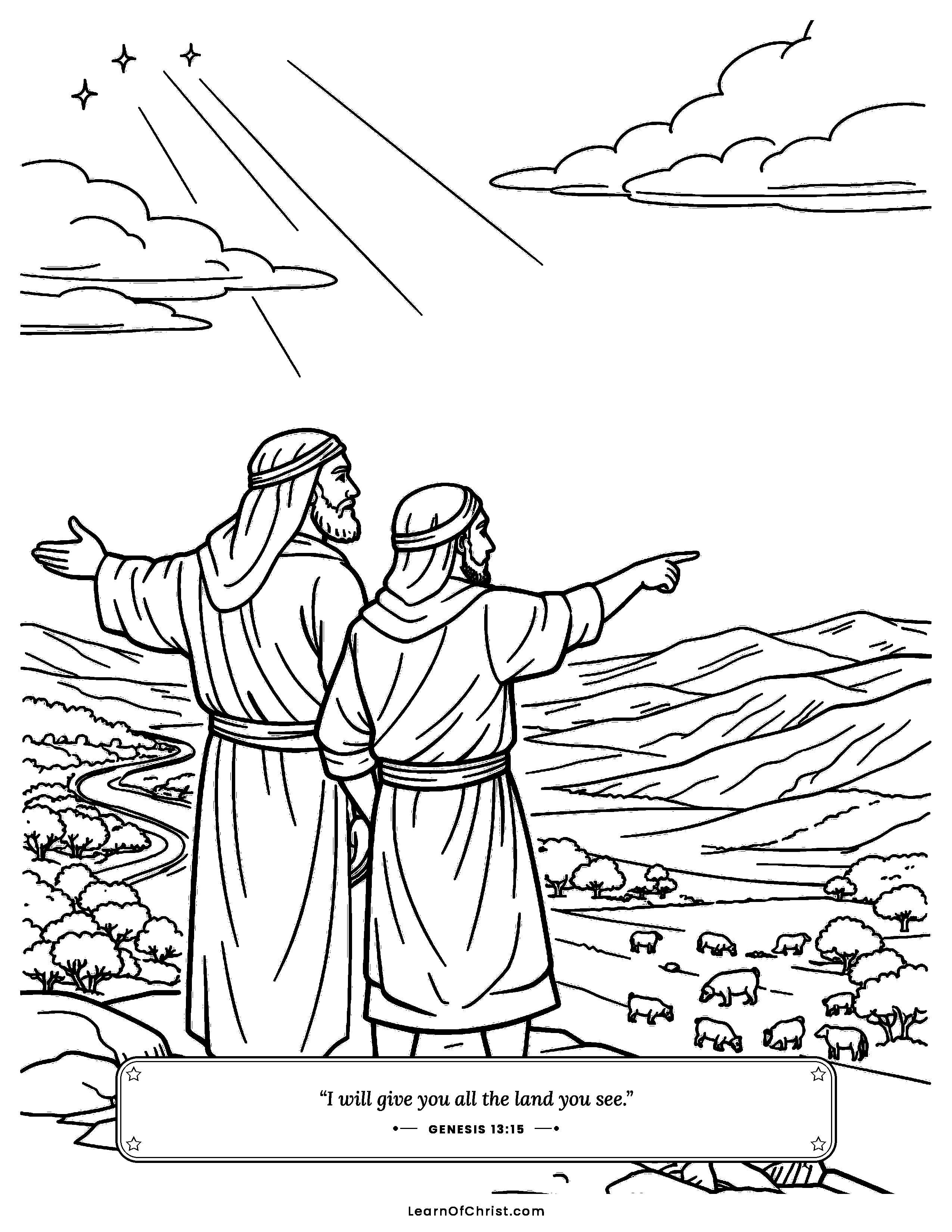 Genesis 13 coloring page - Abram lets Lot choose first. Free printable Bible coloring sheet for kids.