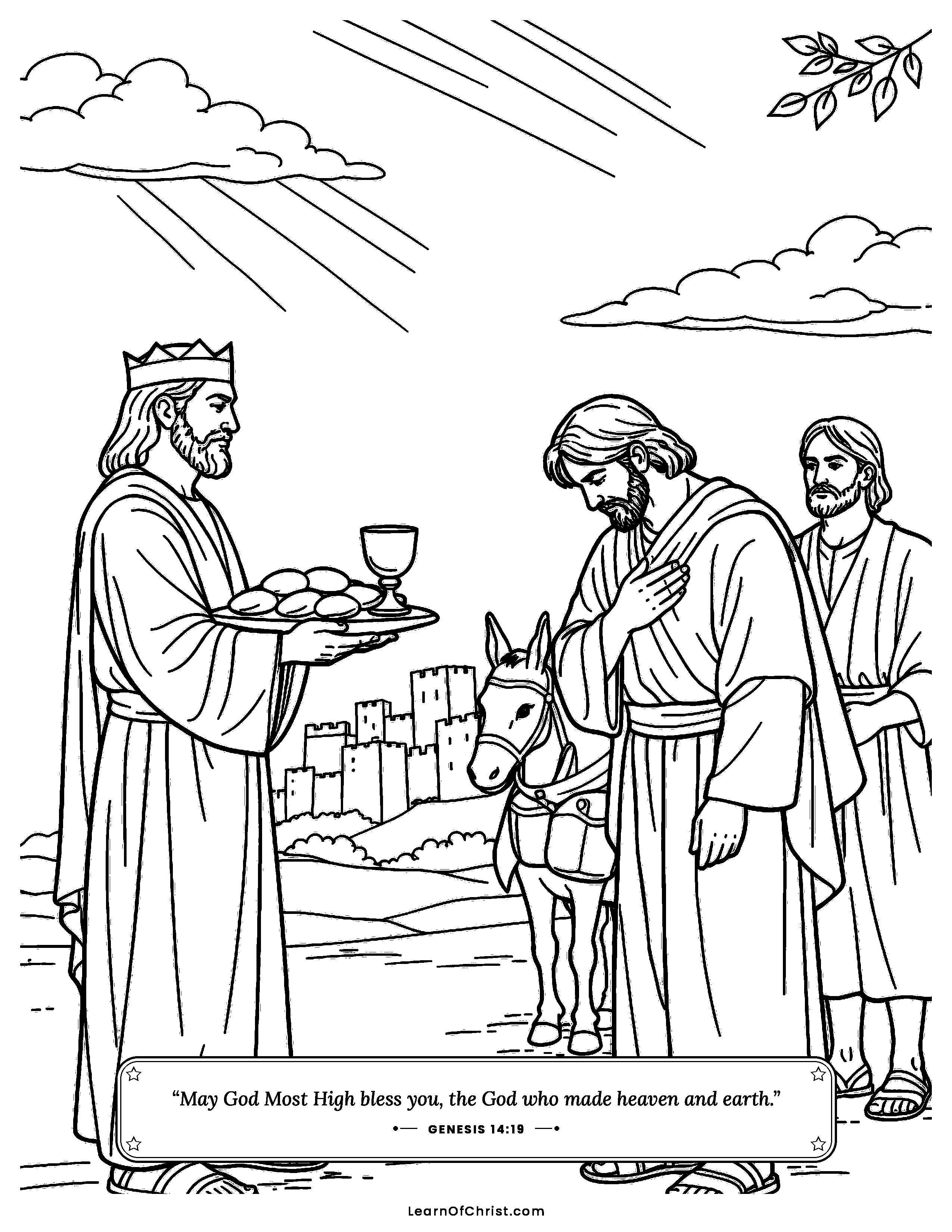 Genesis 14 coloring page - Melchizedek brings bread and a blessing. Free printable Bible coloring sheet for kids.