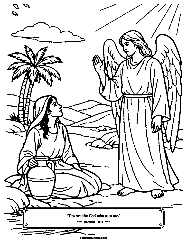 Genesis 16 coloring page - God sees Hagar in the desert