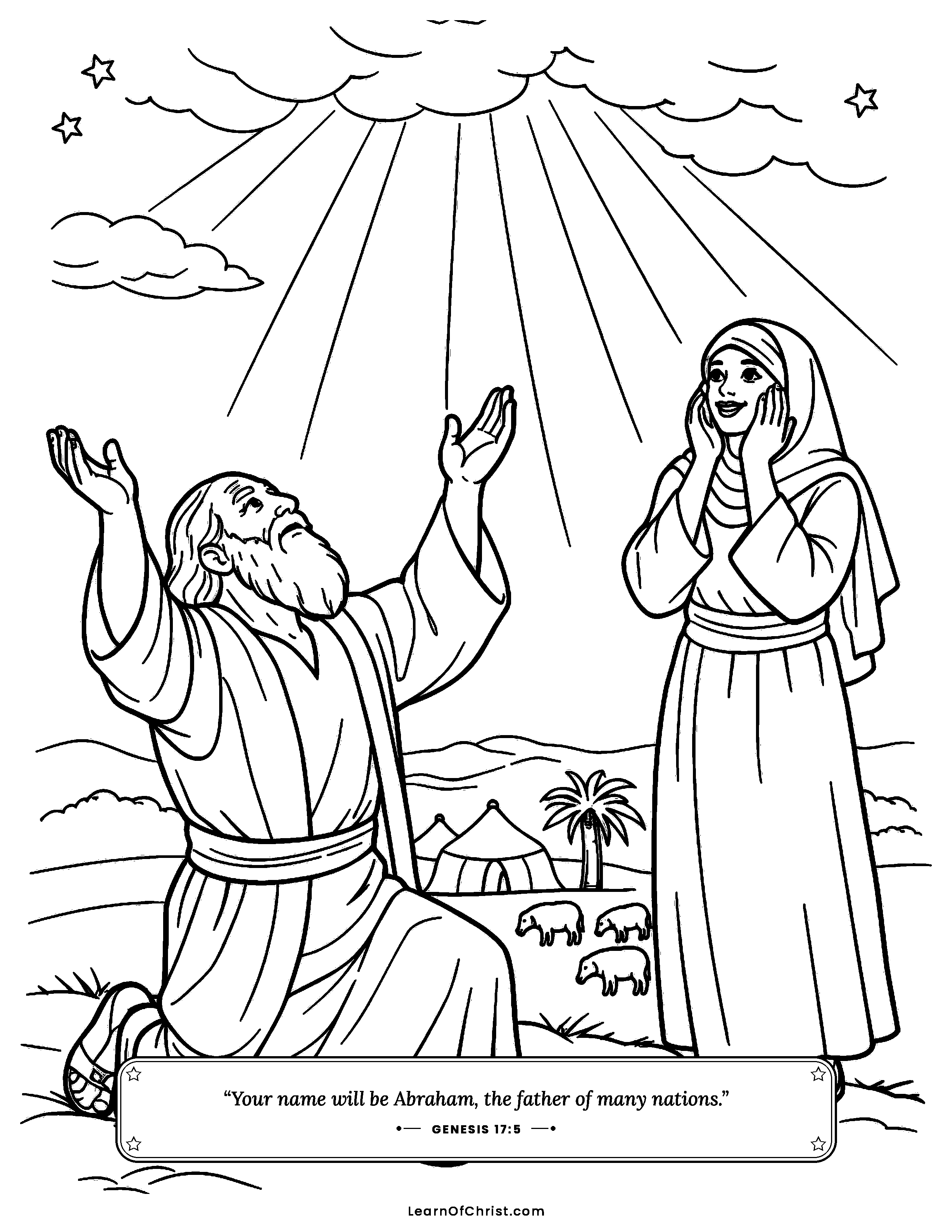 Genesis 17 coloring page - God gives Abraham and Sarah new names. Free printable Bible coloring sheet for kids.