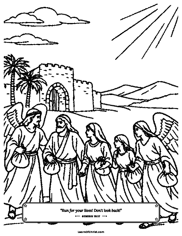 Genesis 19 coloring page - Angels lead Lot's family to safety