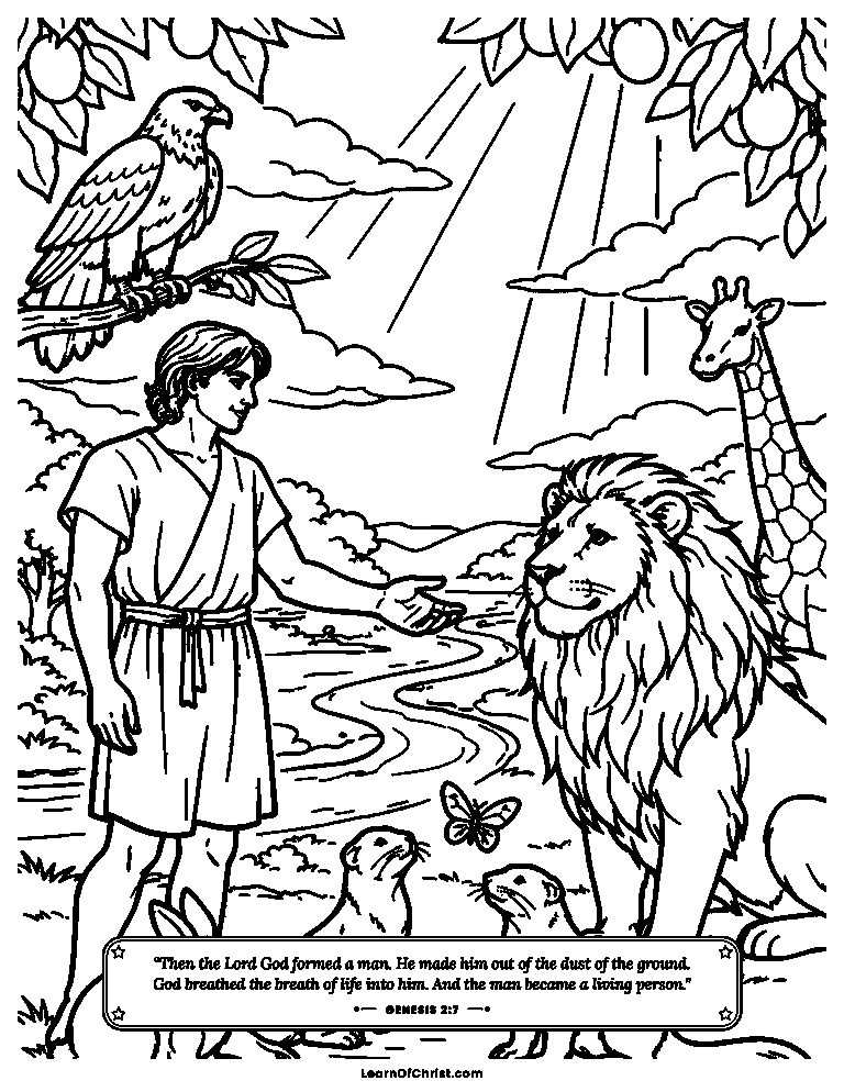 Genesis 2 coloring page - Adam names the animals in Eden