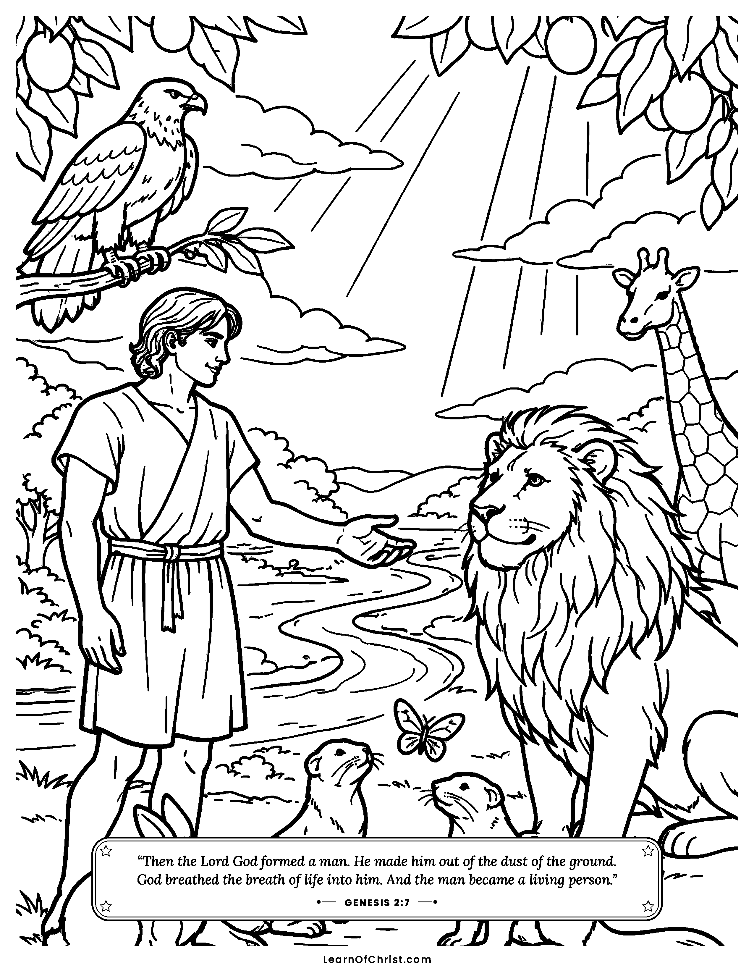 Genesis 2 coloring page - Adam names the animals in Eden. Free printable Bible coloring sheet for kids.