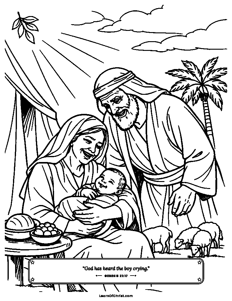 Genesis 21 coloring page - Sarah laughs with baby Isaac