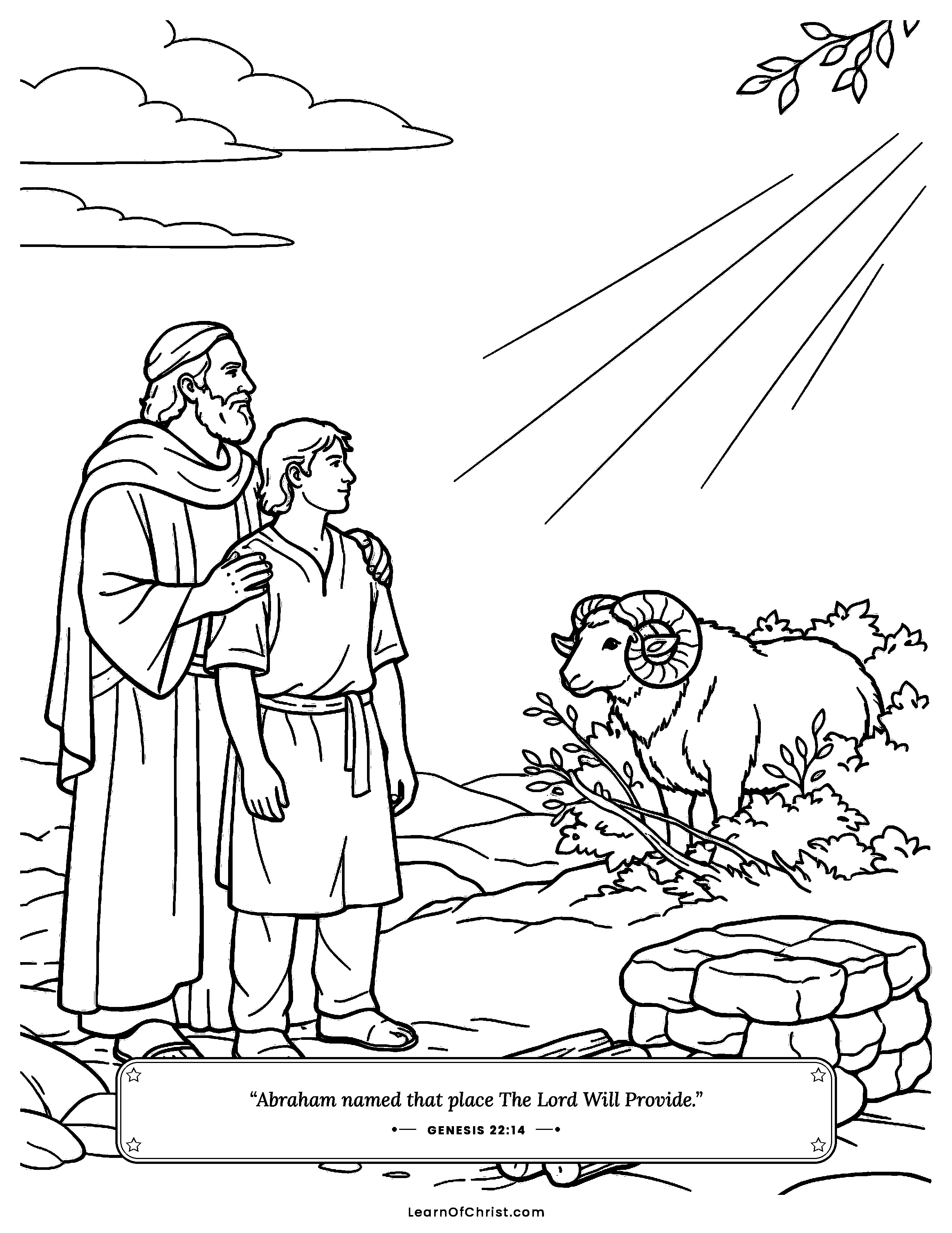 Genesis 22 coloring page - A ram caught in the thicket. Free printable Bible coloring sheet for kids.
