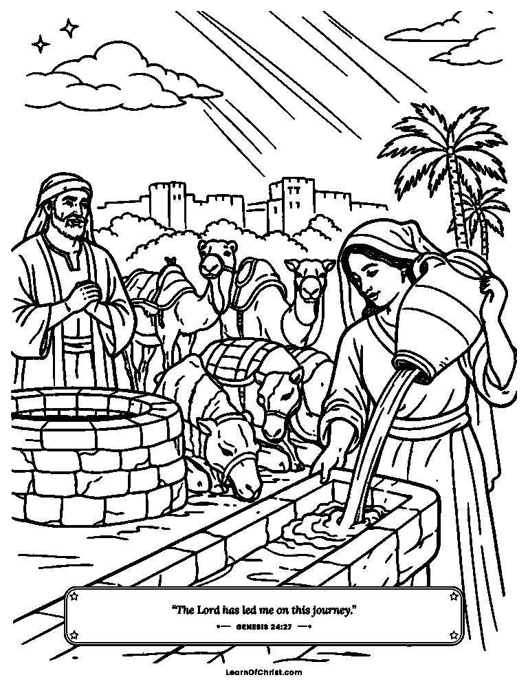 Genesis 24 coloring page - Rebekah waters the camels at the well