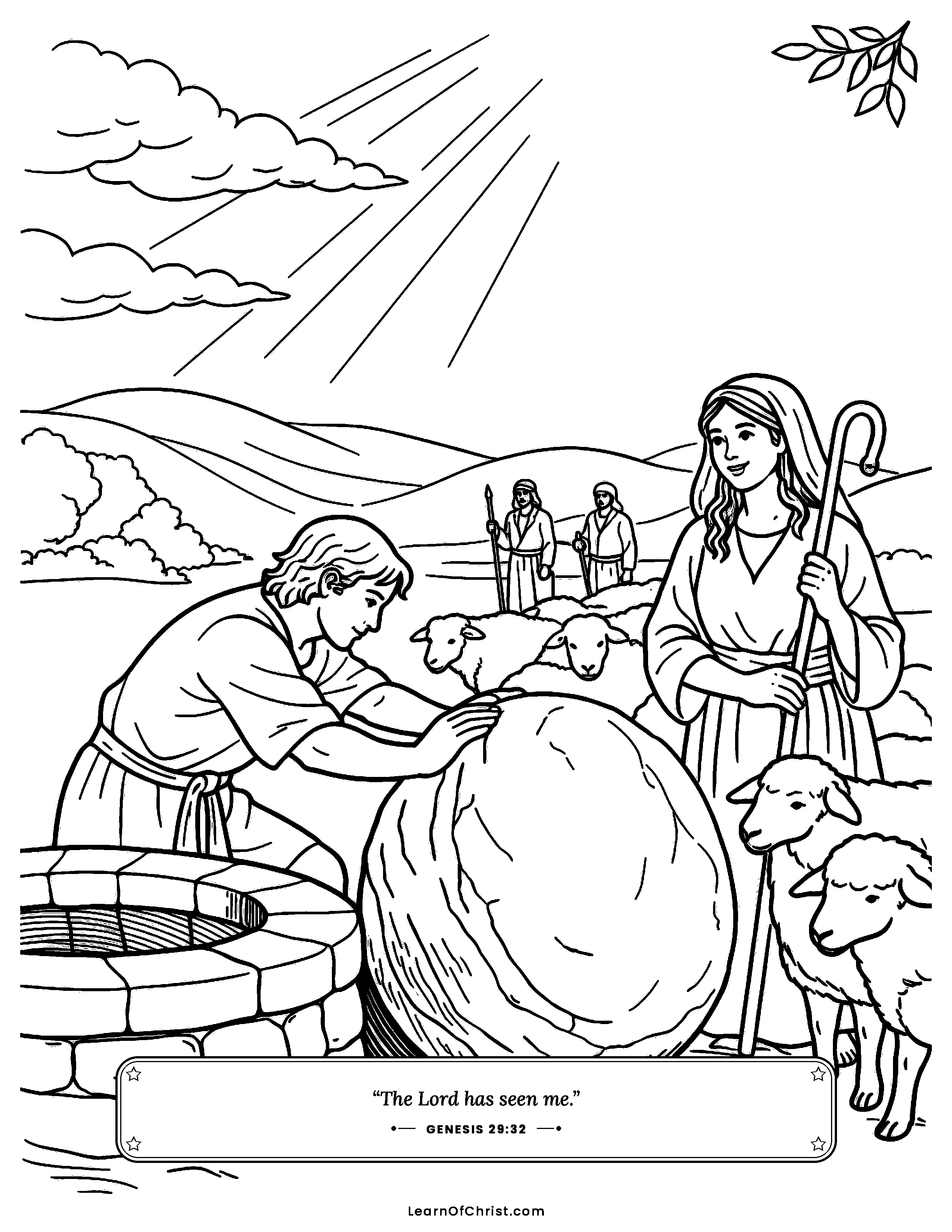 Genesis 29 coloring page - Jacob rolls the stone for Rachel. Free printable Bible coloring sheet for kids.