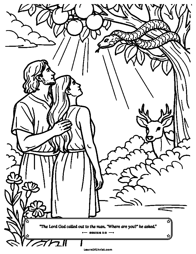 Genesis 3 coloring page - Adam and Eve at the special tree