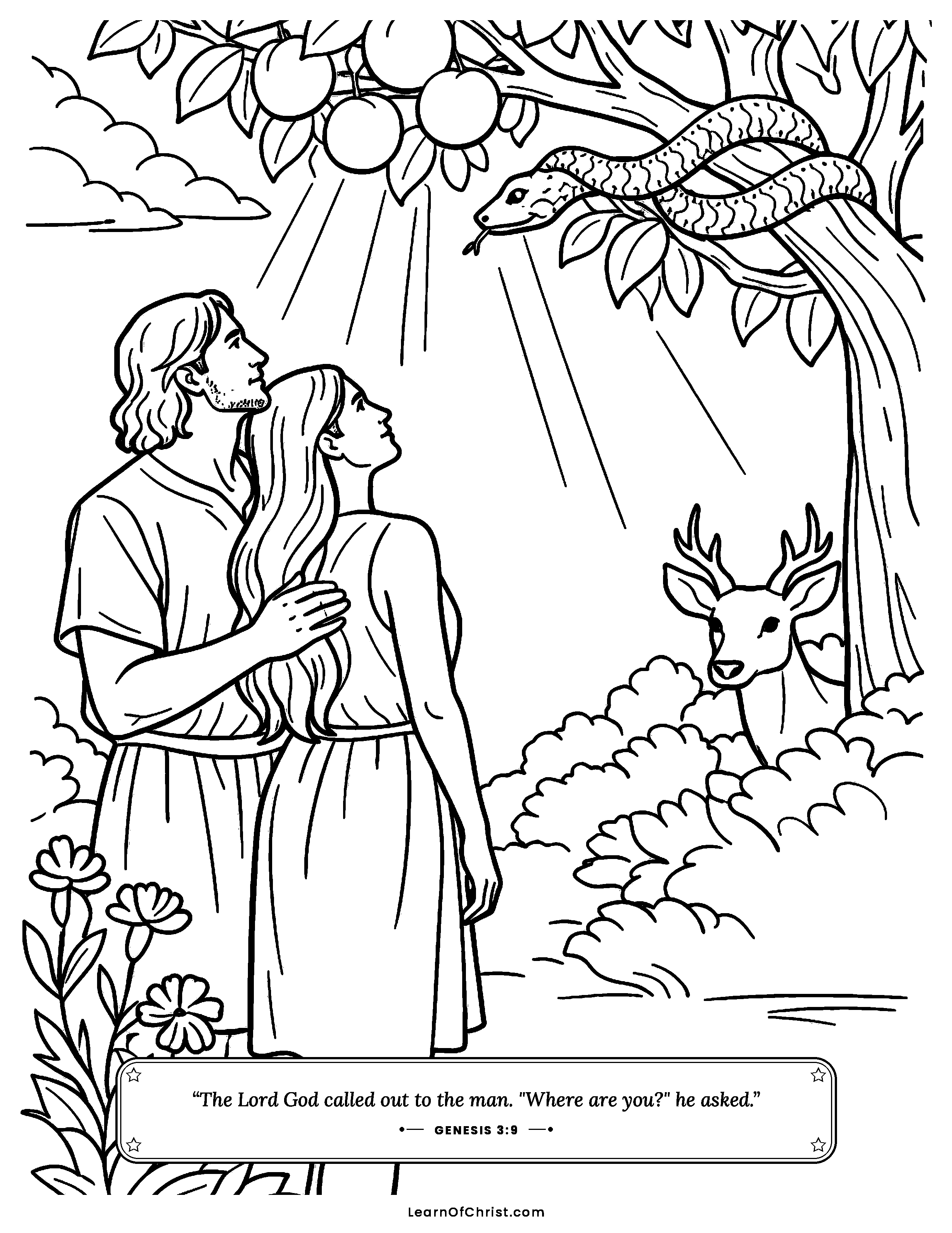 Genesis 3 coloring page - Adam and Eve at the special tree. Free printable Bible coloring sheet for kids.