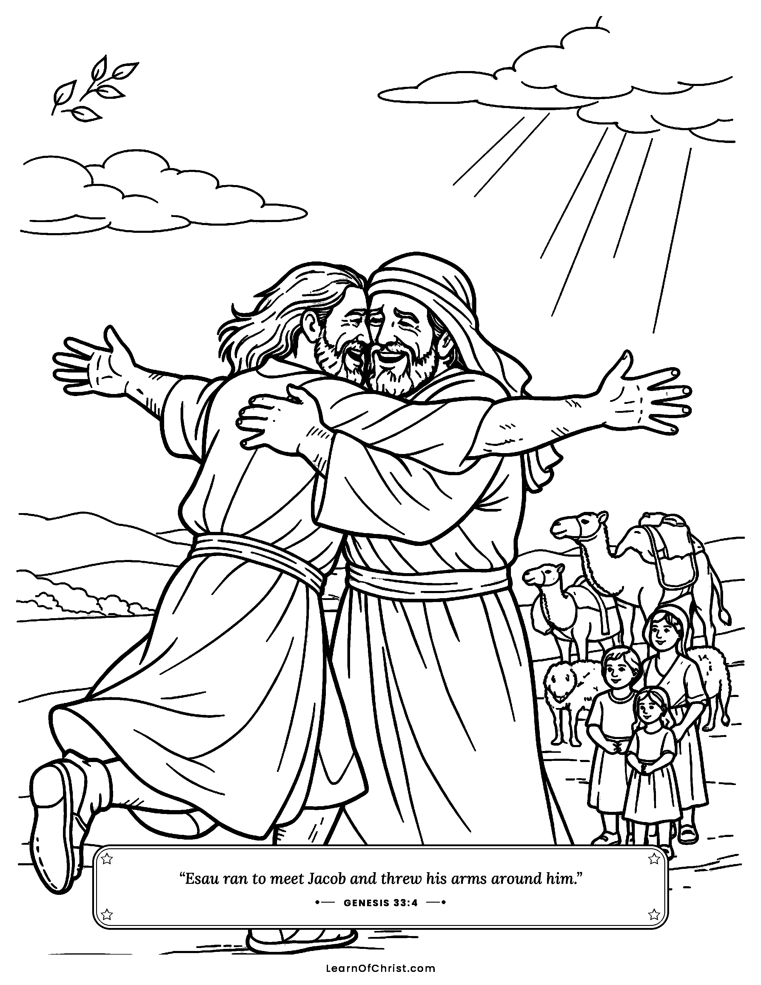 Genesis 33 coloring page - Esau runs to hug his brother. Free printable Bible coloring sheet for kids.