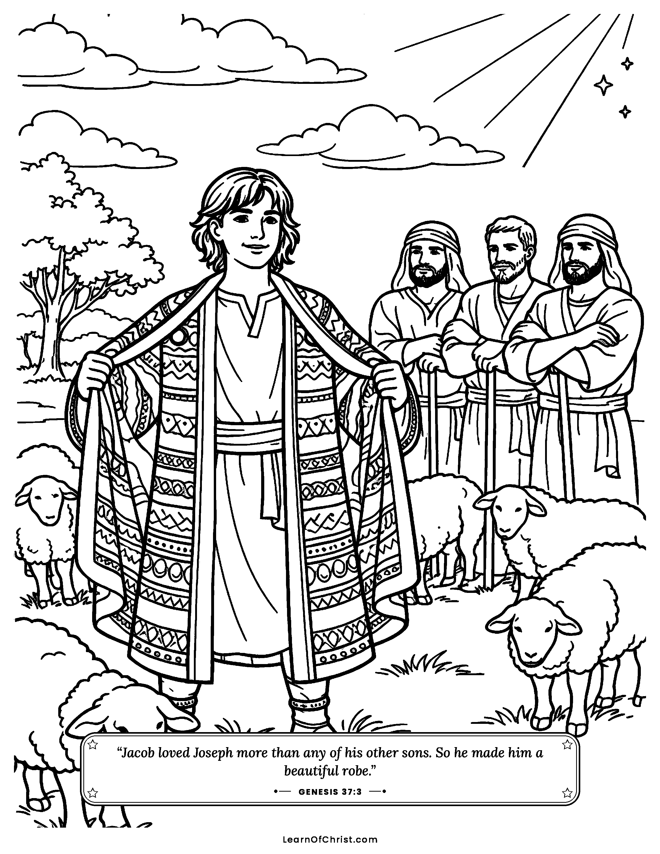 Genesis 37 coloring page - Joseph's beautiful coat of many colors. Free printable Bible coloring sheet for kids.