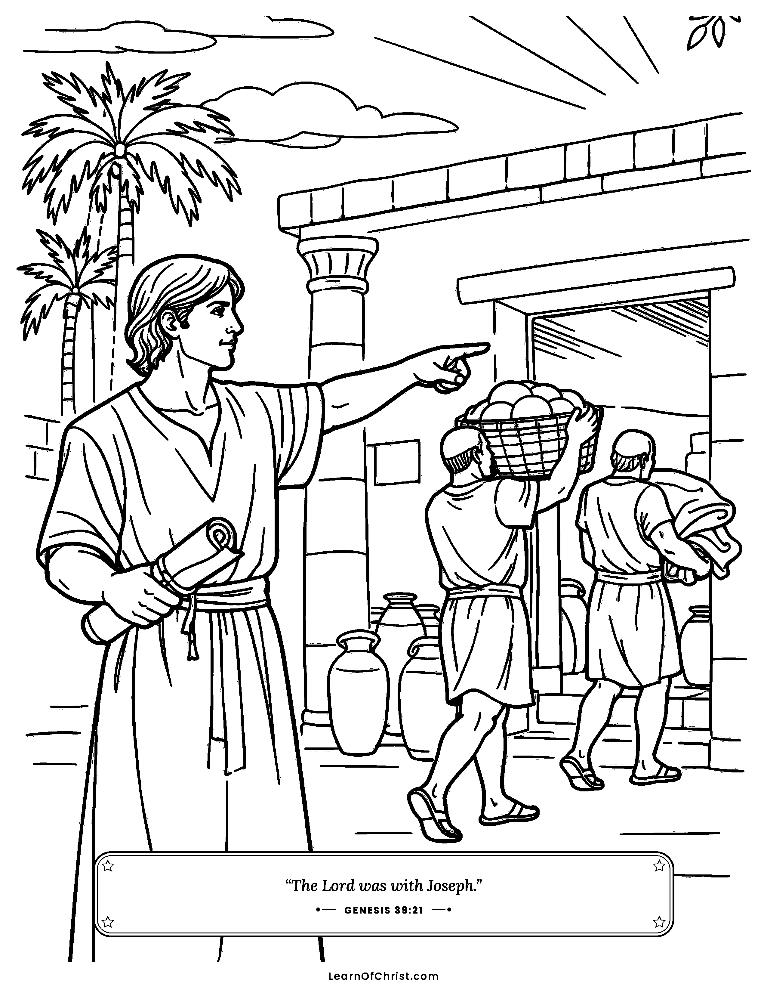 Genesis 39 coloring page - Joseph put in charge of a household. Free printable Bible coloring sheet for kids.